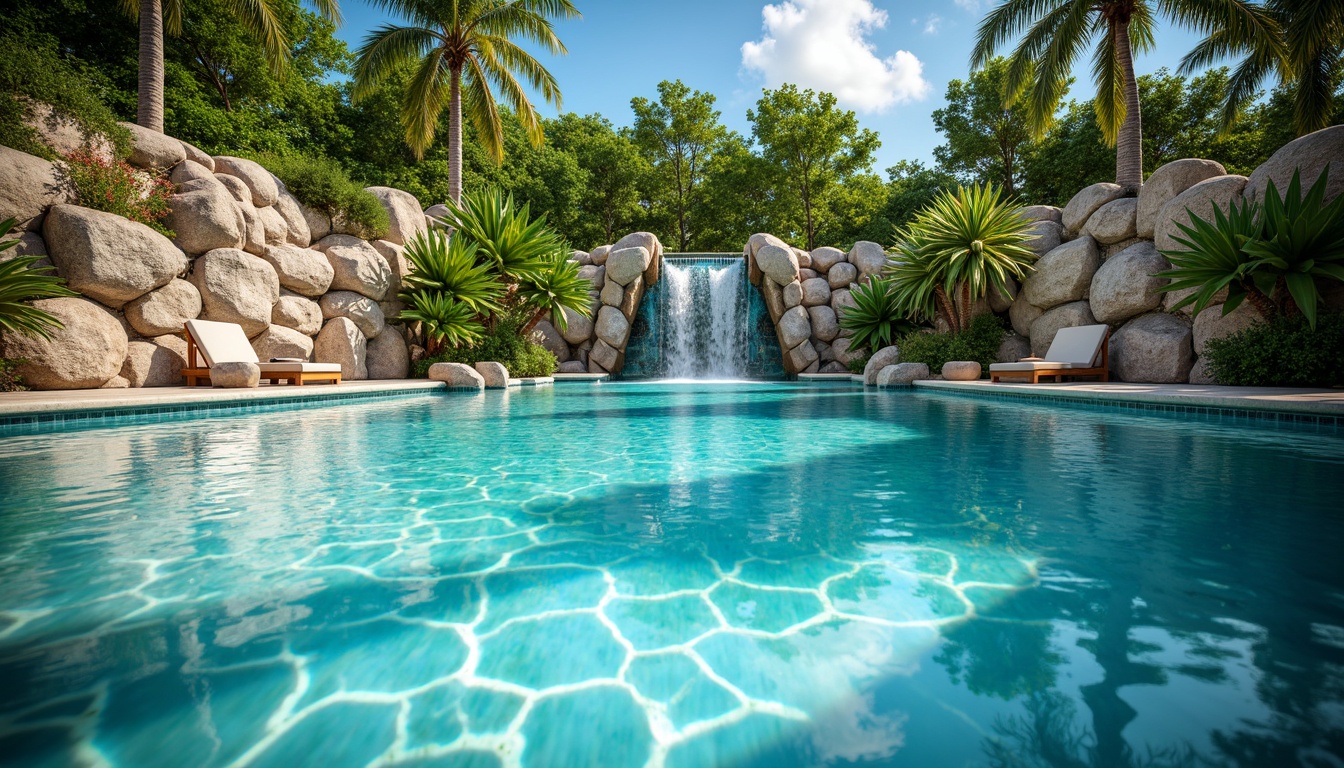 Prompt: Sparkling swimming pool, turquoise water, sunlight reflections, textured finishes, pebble stone walls, glass tile mosaics, iridescent color schemes, natural rock formations, cascading waterfalls, tropical plant surroundings, lush greenery, palm trees, sunny day, warm lighting, shallow depth of field, 1/1 composition, realistic water ripples, ambient occlusion.