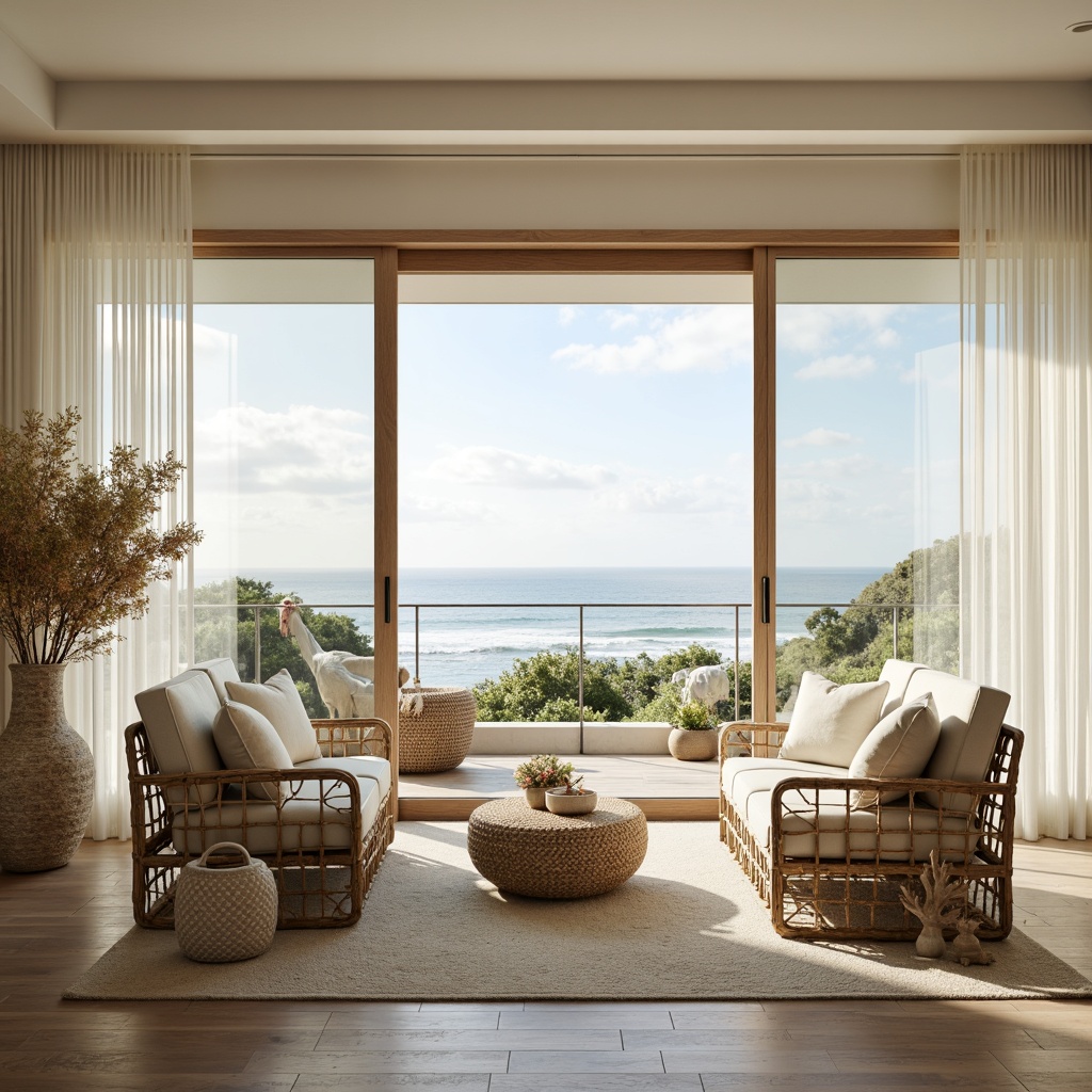 Prompt: Coastal living room, large windows, sliding glass doors, ocean views, natural light pouring in, soft creamy colors, woven sea grass furniture, driftwood decor, coral-inspired accents, sheer white curtains, minimal ornamentation, beachy vibe, airy atmosphere, warm sunny day, gentle sea breeze, 1/1 composition, realistic textures, subtle color grading, shallow depth of field.