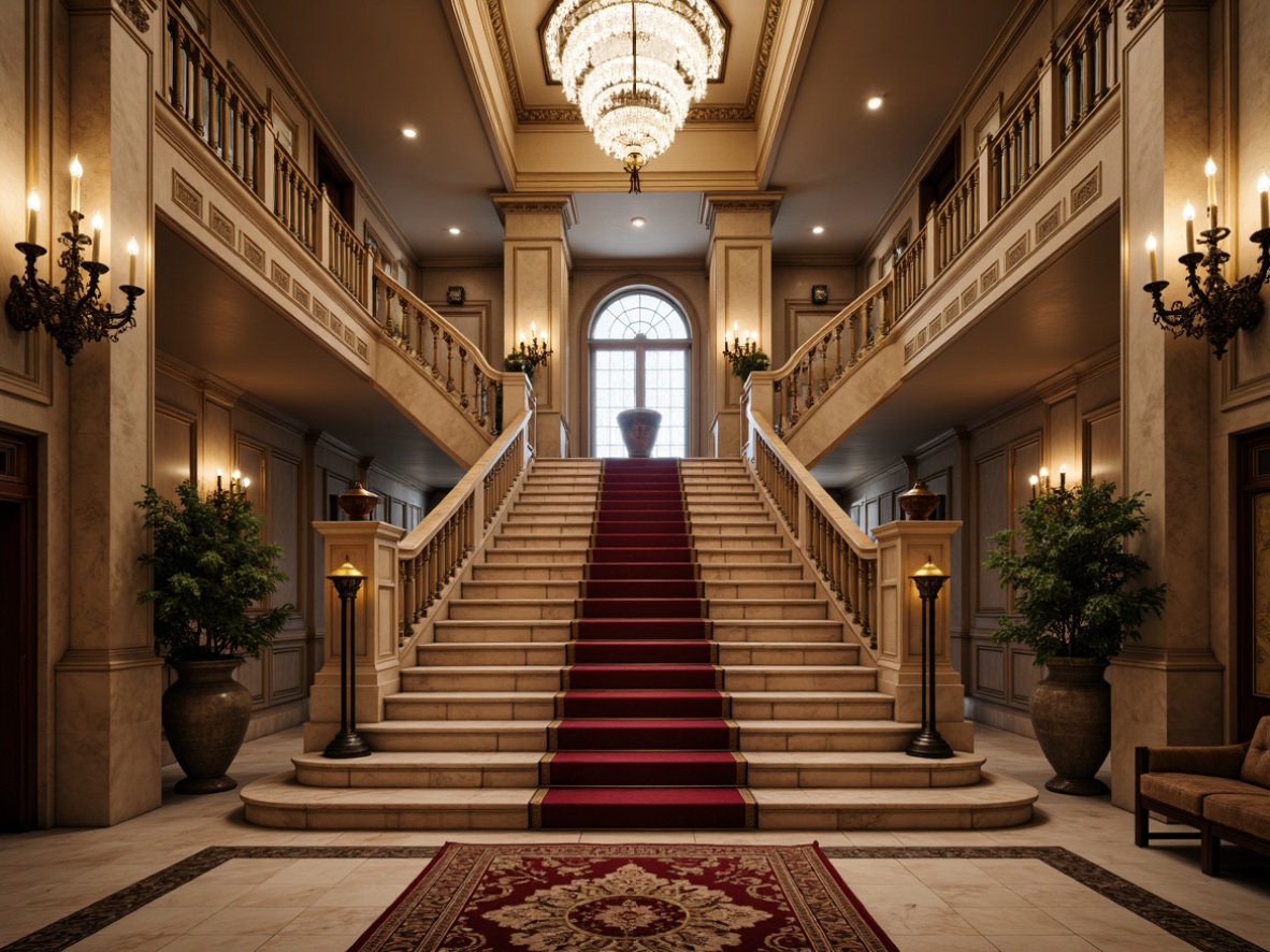 Prompt: Grand staircase, ornate balustrades, polished marble floors, elegant stone columns, intricate carvings, ornamental metalwork, luxurious velvet ropes, crystal chandeliers, soft warm lighting, shallow depth of field, 3/4 composition, symmetrical architecture, neoclassical elements, richly patterned rugs, lavish furnishings, opulent decor, subtle texture variations, realistic reflections.