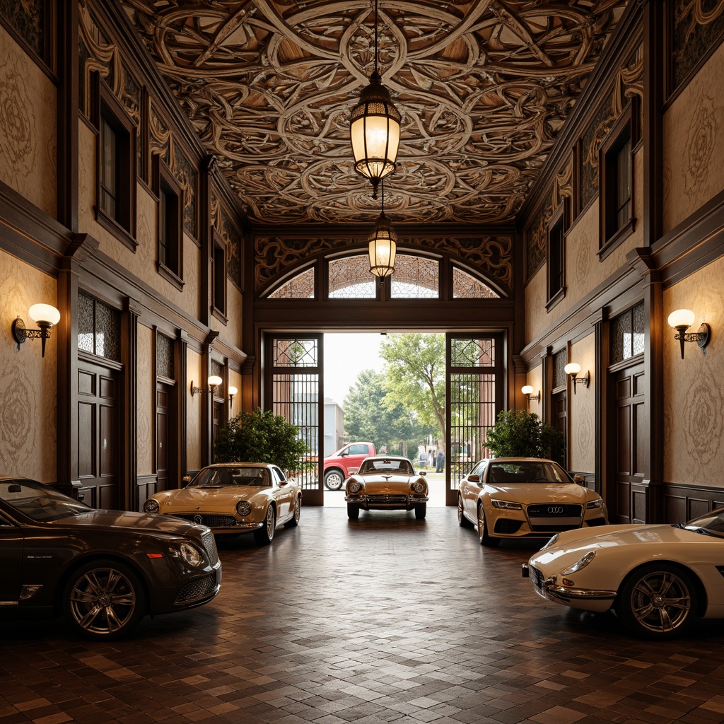 Prompt: Art Nouveau garage, ornate metalwork, flowing organic lines, vintage cars, polished wooden floors, decorative iron gates, stained glass windows, soft warm lighting, pendant lamps, sconce lights, ornamental lanterns, floral patterns, elegant curves, luxurious fabrics, rich wood tones, 1/1 composition, shallow depth of field, realistic textures, ambient occlusion.