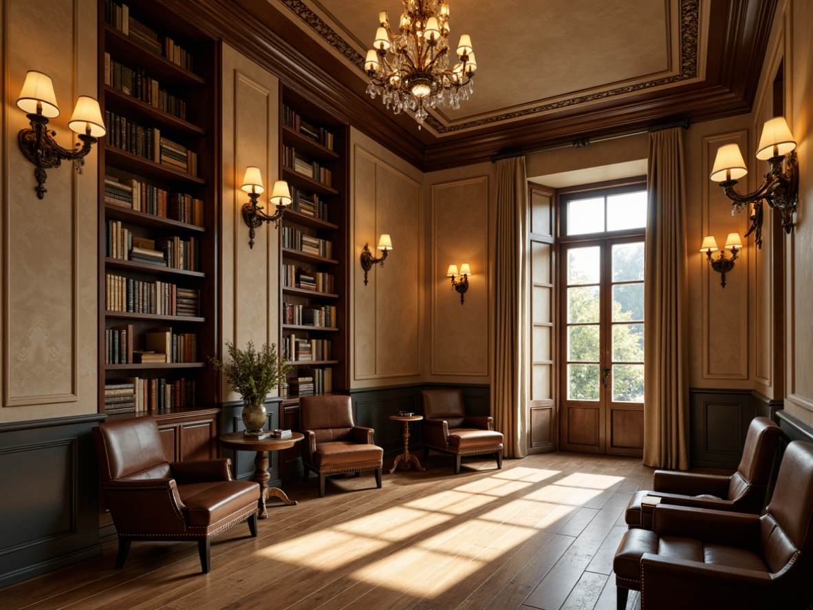 Prompt: Elegant library, warm beige walls, dark wood accents, ornate metalwork, soft golden lighting, crystal chandeliers, rustic bronze sconces, distressed wooden shelves, vintage leather armchairs, rich velvet drapes, subtle fragrance, quiet atmosphere, warm afternoon sunbeams, softbox lighting, 1/2 composition, shallow depth of field, realistic textures, ambient occlusion.