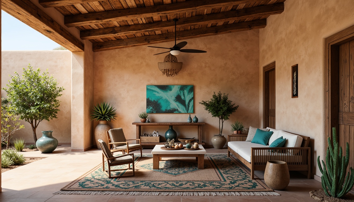 Prompt: Earth-toned adobe walls, rustic wooden accents, vibrant turquoise hues, geometric patterned tiles, woven textiles, natural fiber rugs, cactus-inspired sculptures, desert botanicals, warm sunny light, shallow depth of field, 3/4 composition, panoramic view, realistic textures, ambient occlusion, Southwestern-style furnishings, earthy color palette, organic shapes, eclectic decorative accents.