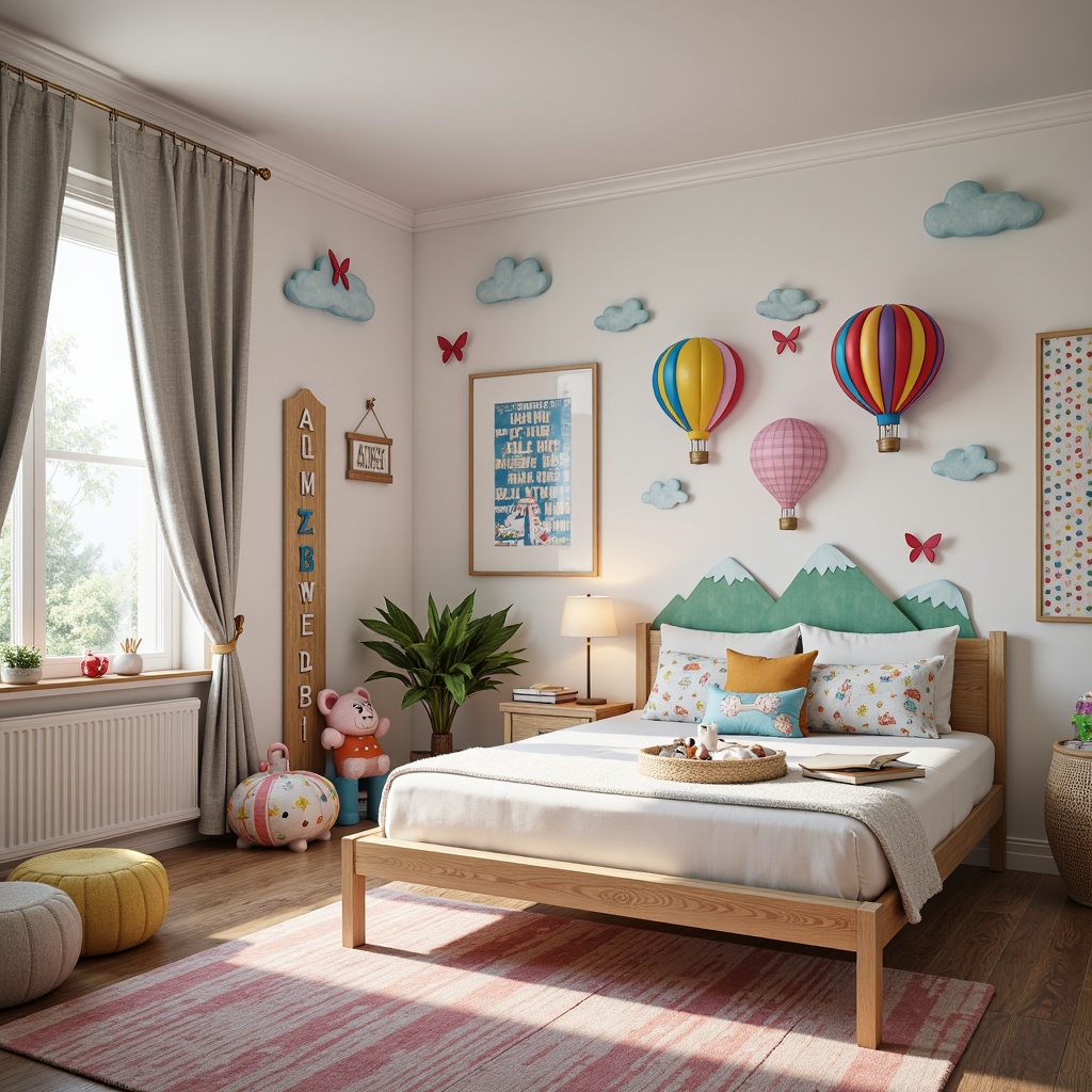 Prompt: Whimsical kids' bedroom, bright colors, playful patterns, cartoon character decals, 3D alphabet letters, hot air balloon murals, fluffy cloud ceilings, wooden growth charts, colorful butterfly-shaped shelves, polka-dot wallpaper, oversized number stickers, personalized name art, fun geometric shapes, soft pastel hues, cozy reading nooks, warm string lights, textured fabric wall hangings, inspirational quote posters, creative storage bins, lively animal prints.