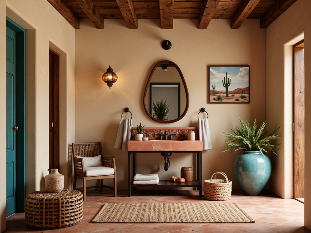 Prompt: Southwestern-style powder room, warm beige walls, rustic wooden accents, terracotta floor tiles, turquoise and coral color scheme, woven rattan furniture, ornate metalwork, distressed leather ottoman, vintage-inspired vanity, decorative tile backsplash, pendant lighting fixtures, natural fiber rugs, potted cacti plants, desert landscape artwork, soft warm lighting, 1/1 composition, realistic textures, ambient occlusion.