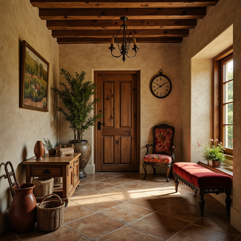 Prompt: Rustic mudroom, earthy tones, warm beige walls, rich walnut flooring, vintage distressed furniture, ornate metal accents, soft golden lighting, natural stone textures, woven rattan baskets, plush velvet fabrics, warm terracotta pottery, subtle floral patterns, muted sienna reds, mossy greens, weathered wood elements, classic traditional architecture, cozy intimate ambiance, soft focus, shallow depth of field, 2/3 composition.