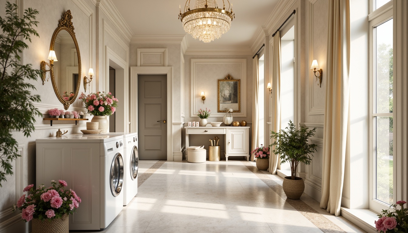 Prompt: Elegant laundry room, soft pastel hues, creamy whites, pale gold accents, ornate mirrors, delicate florals, intricate moldings, luxurious fabrics, velvet drapes, sparkling chandeliers, warm ambient lighting, shallow depth of field, 2/3 composition, realistic textures, subtle reflections.