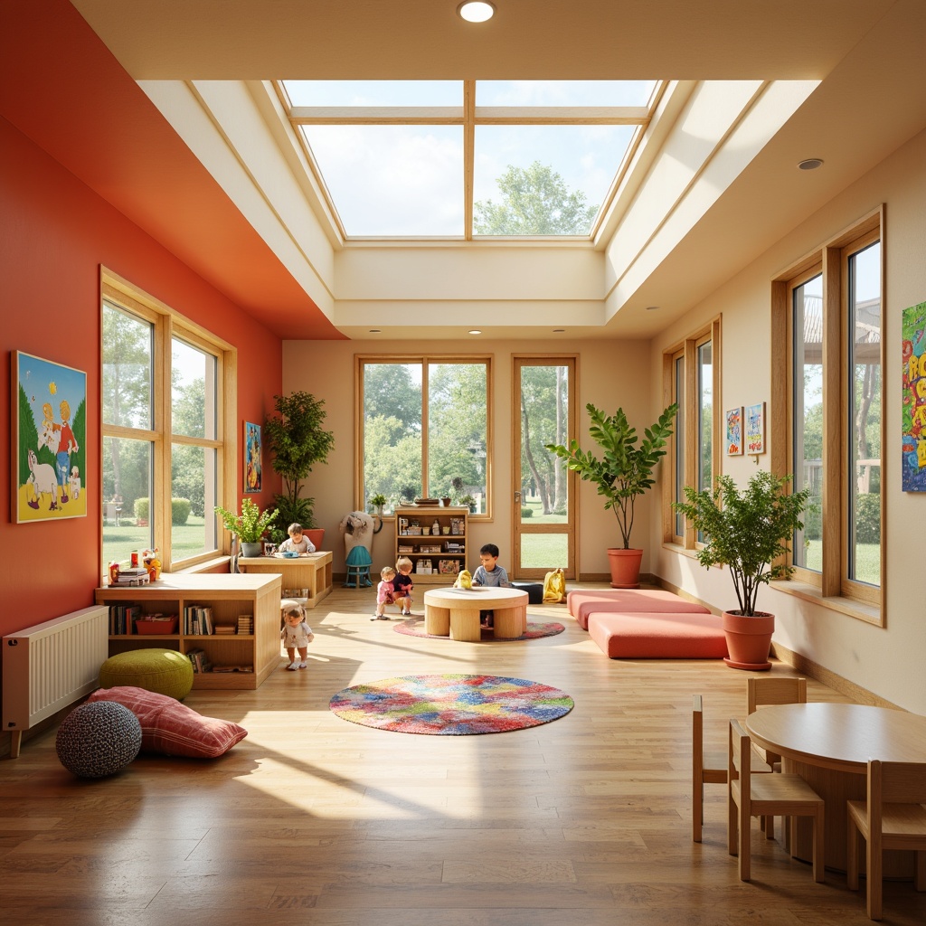 Prompt: Vibrant kindergarten interior, playful color scheme, wooden floors, large windows, transparent glass doors, clerestory windows, skylights, soft diffused natural light, warm beige walls, educational posters, child-sized furniture, cozy reading nooks, circular tables, colorful rug patterns, minimalist decor, eco-friendly materials, sustainable design, ambient occlusion, shallow depth of field, 3/4 composition, panoramic view, realistic textures.