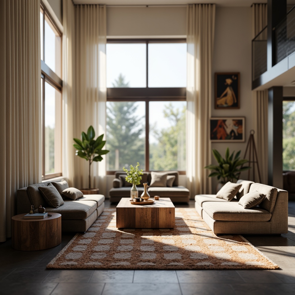 Prompt: Elegant living room, plush velvet sofa, wooden coffee table, geometric patterned rug, floor-to-ceiling windows, natural light pouring in, minimalist chic decor, neutral color palette, metallic accents, luxurious fabrics, ambient warm lighting, shallow depth of field, 2/3 composition, realistic textures, soft focus background.