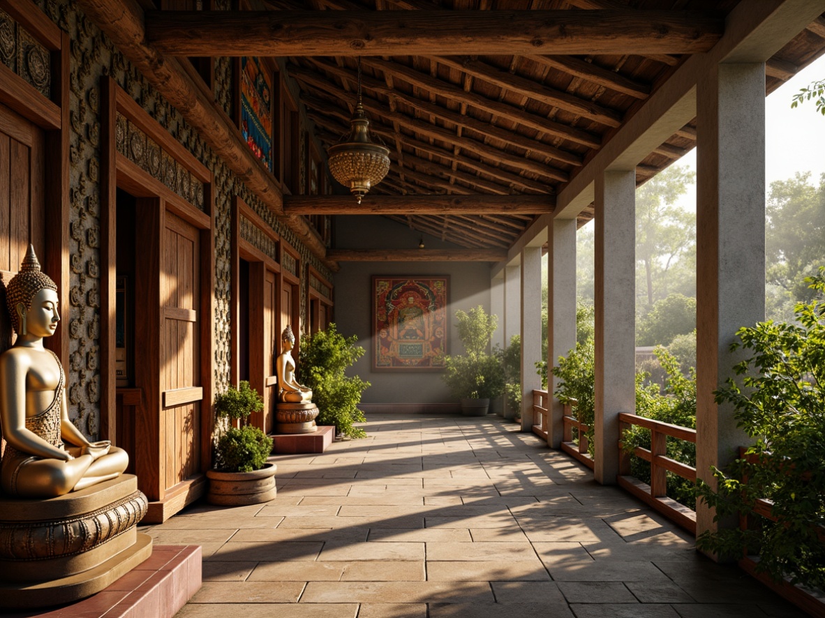 Prompt: Intricate wooden carvings, serene Buddha statues, lush greenery, natural stone walls, rustic wooden doors, hand-painted murals, vibrant silk fabrics, embroidered prayer flags, delicate lanterns, warm golden lighting, soft misty atmosphere, 3/4 composition, shallow depth of field, realistic textures, ambient occlusion.