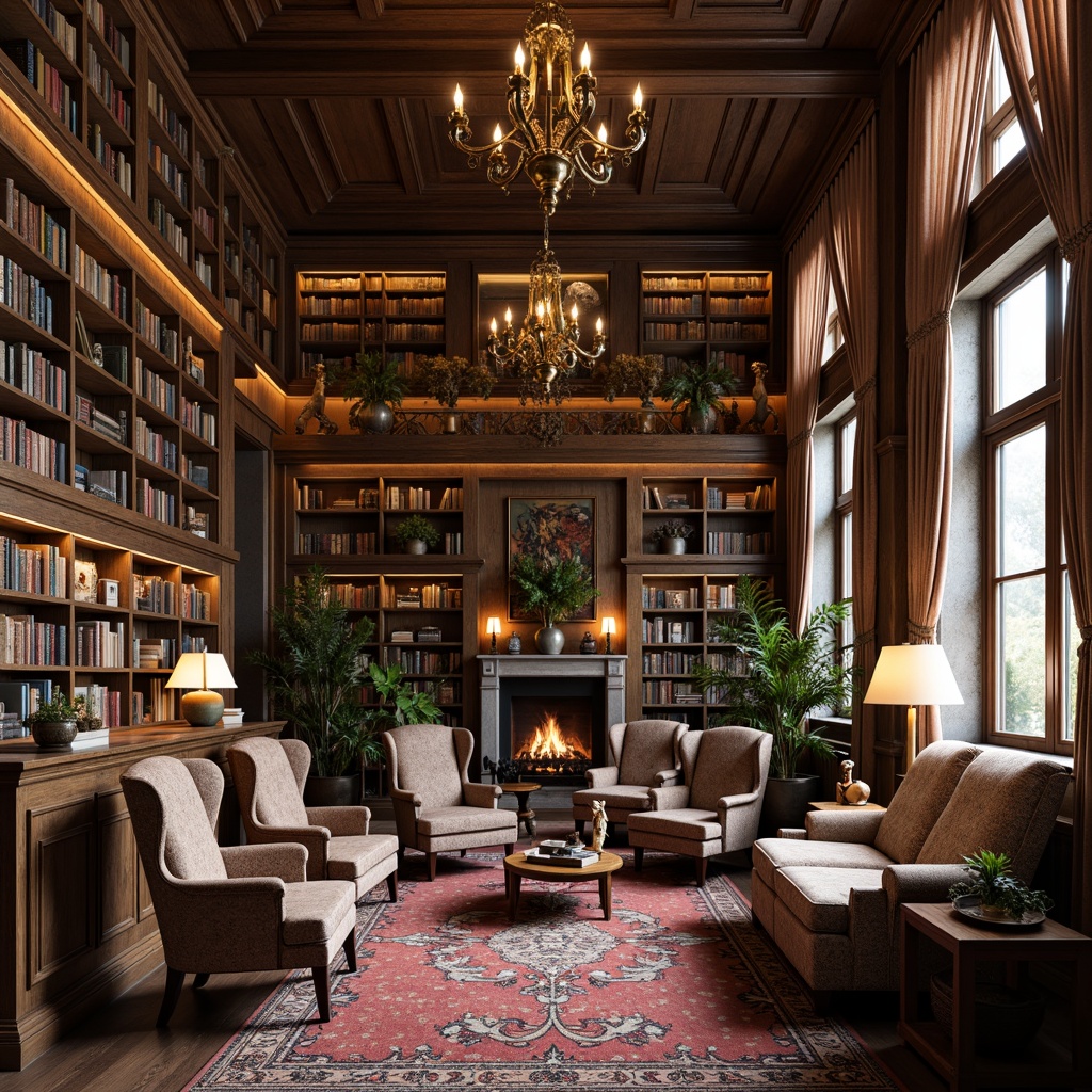 Prompt: Rustic library, wooden bookshelves, vintage leather-bound books, plush armchairs, rich tapestries, ornate wooden paneling, soft warm lighting, classic French country architecture, stone walls, distressed wood accents, elegant chandeliers, velvet drapes, golden metal hardware, antique furniture pieces, lavish fabrics, embroidered upholstery, subtle floral patterns, muted earthy tones, cozy reading nooks, traditional European decor, serene atmosphere.