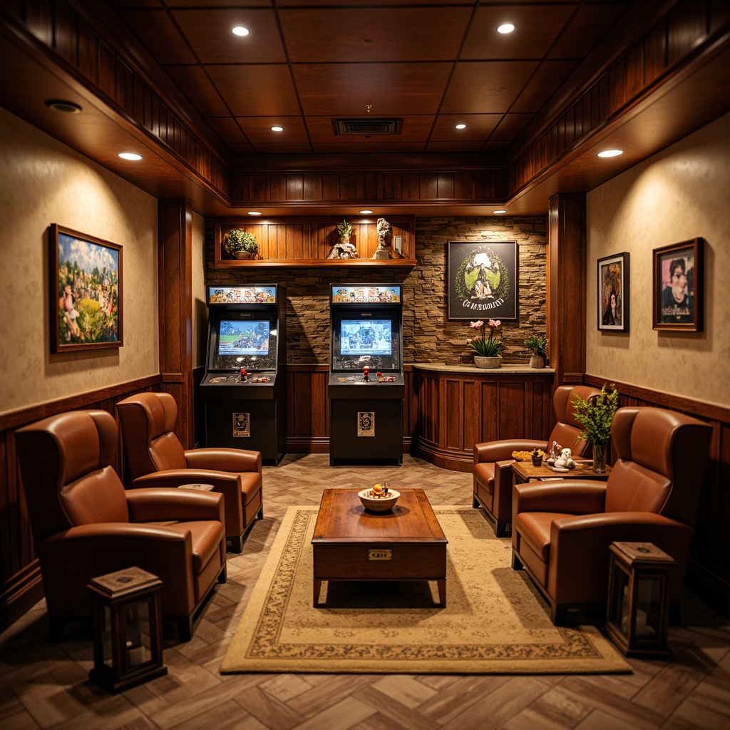 Prompt: Warm game room, traditional wooden paneling, rich leather armchairs, vintage arcade machines, rustic wooden tables, ornate metal lanterns, warm beige carpets, earthy brown stone walls, classic video games, nostalgic posters, soft warm lighting, shallow depth of field, 2/3 composition, realistic textures, ambient occlusion, cozy atmosphere, inviting color palette.