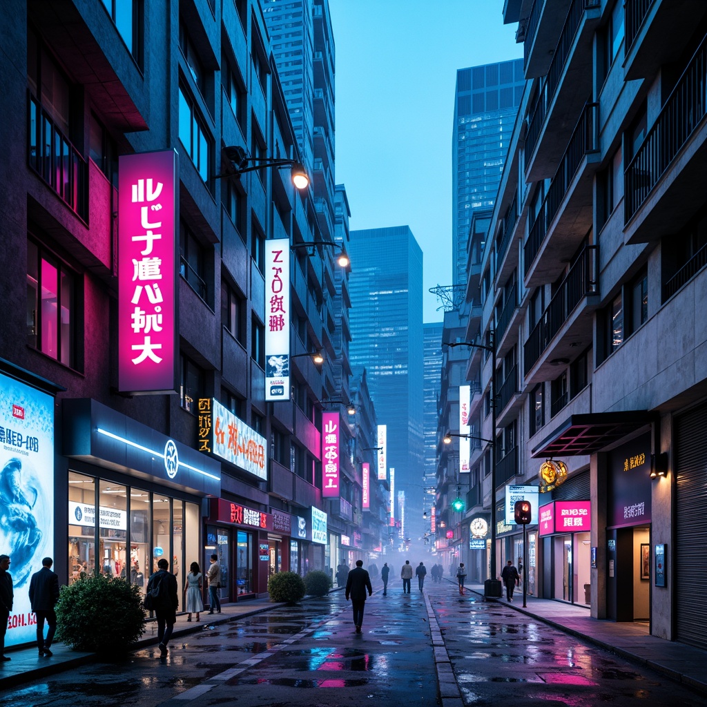 Prompt: Neon-lit cityscape, futuristic skyscrapers, iridescent metals, holographic advertisements, virtual reality interfaces, cyberpunk alleys, glowing neon lights, electric blue hues, vibrant pink accents, metallic silver surfaces, glossy black finishes, dynamic LED displays, 3D-printed architecture, levitating structures, atmospheric fog effects, cinematic camera angles, high-contrast lighting, dramatic shadows, abstract futuristic patterns, retro-futuristic nostalgia, advanced technology integrations.