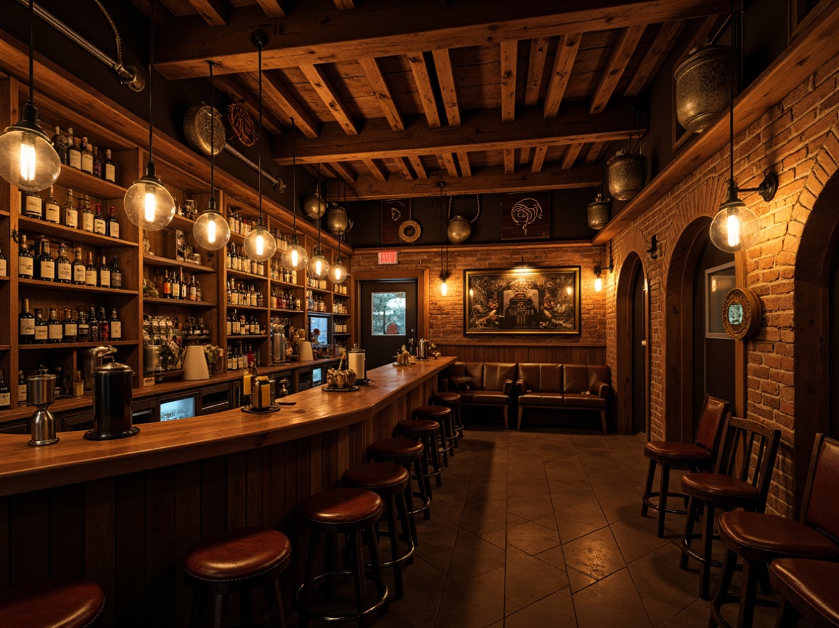 Prompt: Rustic pub interior, wooden beams, brick walls, vintage decorative items, dim warm lighting, metal lanterns, Edison bulb pendants, industrial-chic fixtures, reclaimed wood shelves, leather-bound stools, rich brown color palette, cozy atmosphere, warm glow, soft shadows, 1/1 composition, realistic textures, ambient occlusion.