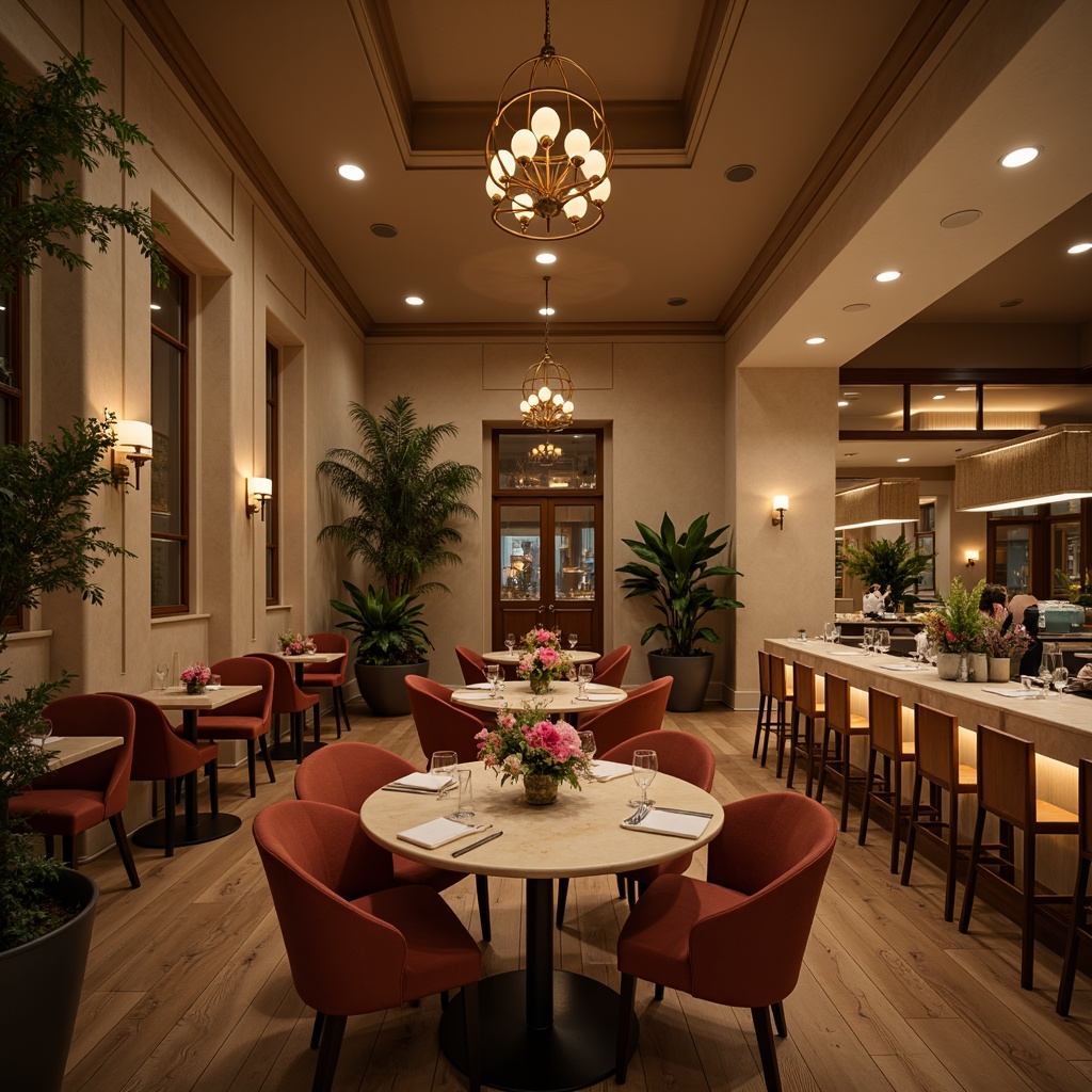 Prompt: Warm dining atmosphere, earthy tones, natural wood furniture, soft beige walls, rich brown accents, calming greenery, vibrant flowers, elegant chandeliers, creamy marble countertops, luxurious velvet upholstery, golden lighting fixtures, intimate candlelit ambiance, shallow depth of field, 1/2 composition, realistic textures, ambient occlusion.