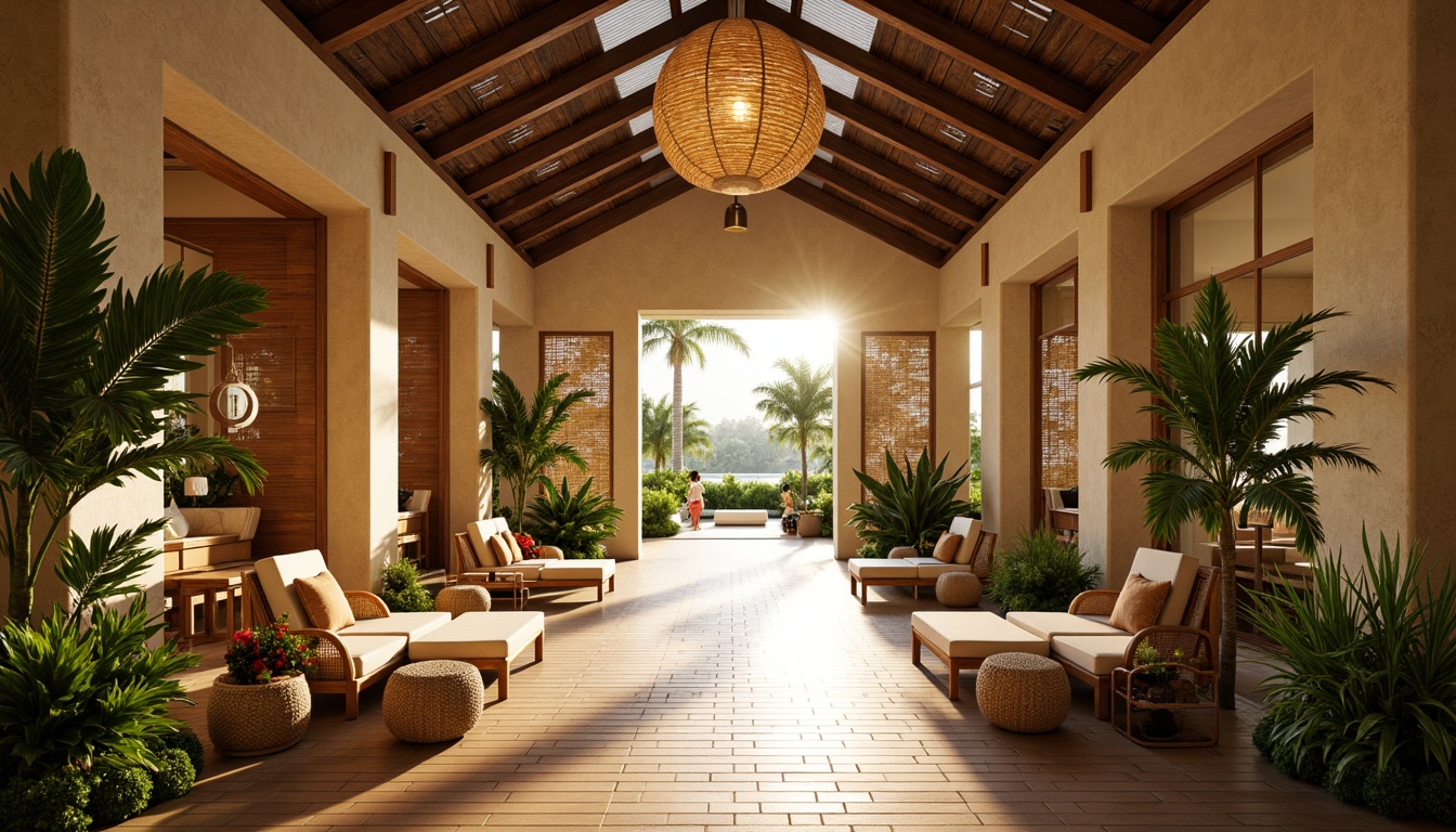 Prompt: Tropical hall, warm ambient lighting, soft golden glow, pendant lamps, natural fiber shades, rattan furniture, woven bamboo walls, lush greenery, exotic flowers, palm tree decorations, wooden floorboards, cream-colored stone columns, vaulted ceilings, clerestory windows, bright sunny day, soft diffused light, 1/1 composition, symmetrical view, realistic textures, ambient occlusion.