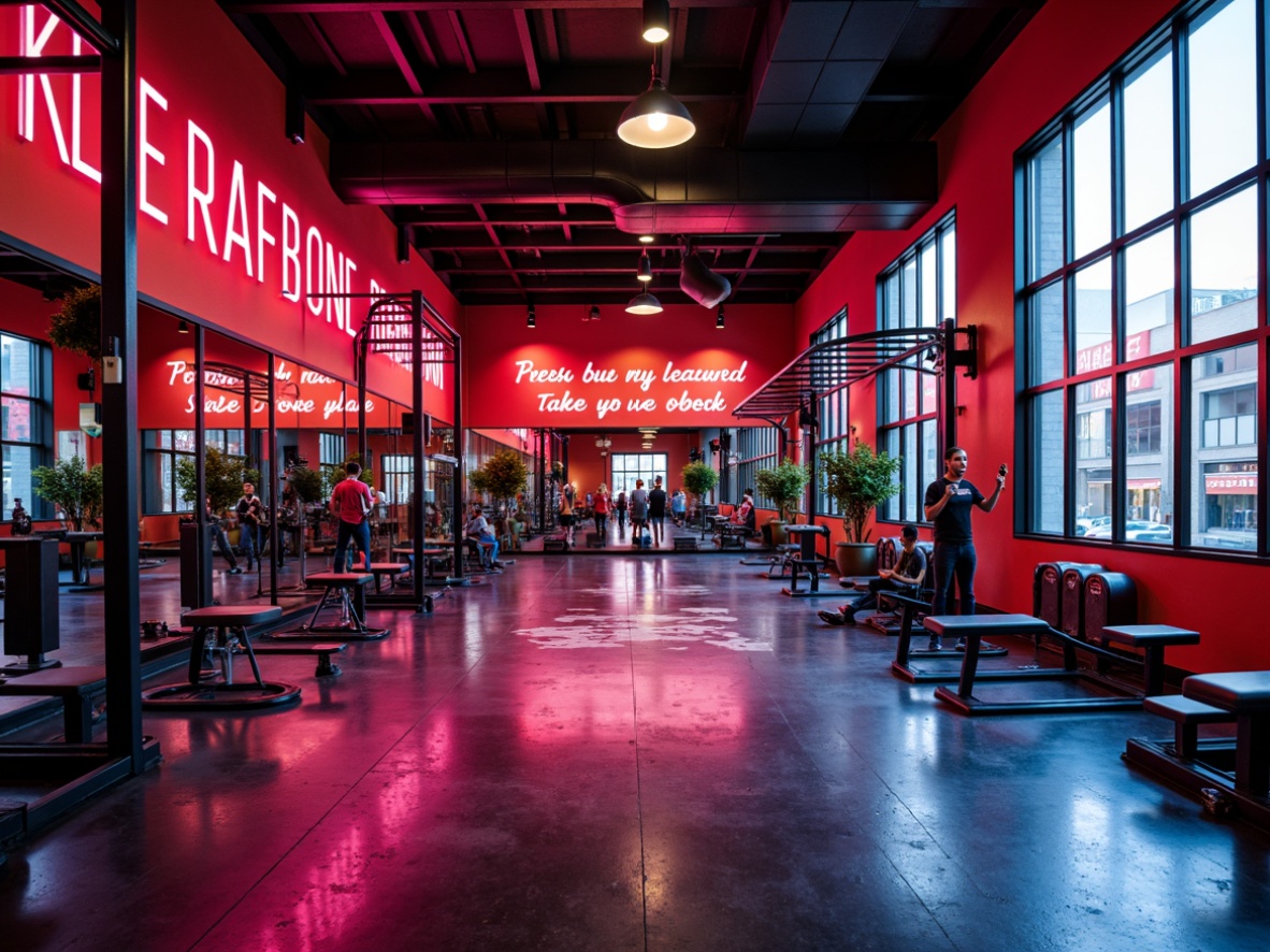 Prompt: Vibrant home gym, bold color scheme, neon lights, motivational quotes, modern fitness equipment, sleek metal frames, rubber flooring, mirrored walls, high ceilings, natural light, urban industrial architecture, reclaimed wood accents, dynamic shapes, energetic atmosphere, warm ambient lighting, shallow depth of field, 1/1 composition, realistic textures, detailed reflections.