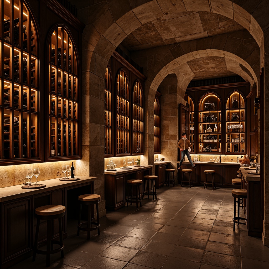 Prompt: Dimly lit wine cellar, rustic stone walls, wooden wine racks, ambient warm glow, soft LED lighting, subtle color temperature, intimate atmosphere, exclusive wine collections, elegant glassware, sophisticated decor, rich wood accents, dramatic archways, vaulted ceilings, ornate metalwork, luxurious textures, precise spotlighting, 1/1 composition, shallow depth of field, realistic reflections.