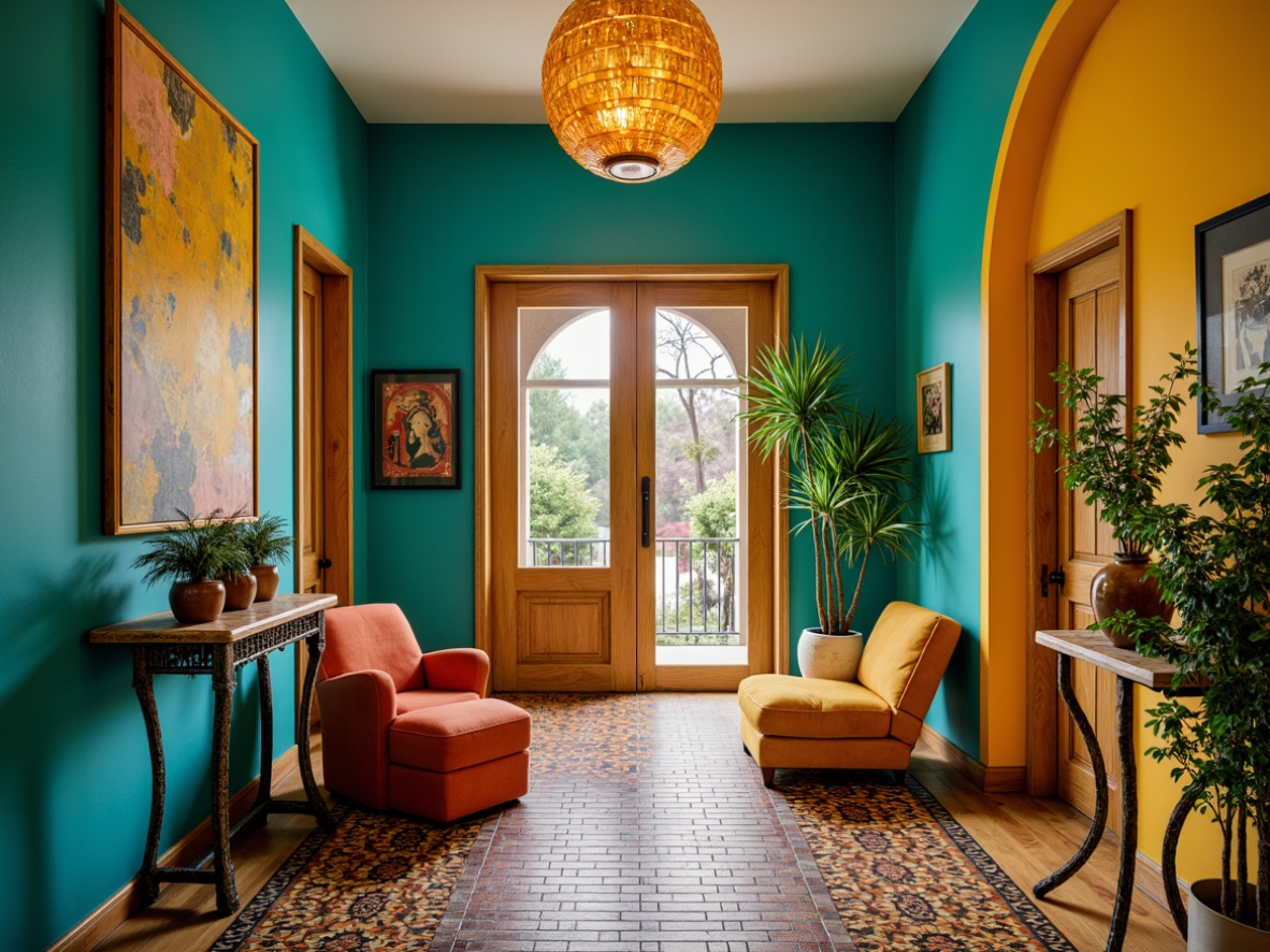 Prompt: Vibrant eclectic entryway, bold color blocking, rich turquoise walls, warm golden accents, distressed wood flooring, plush velvet furniture, ornate metalwork details, Moroccan-inspired tile patterns, lush greenery, natural stone console tables, abstract art pieces, oversized pendant lighting, soft warm glow, shallow depth of field, 1/1 composition, realistic textures.