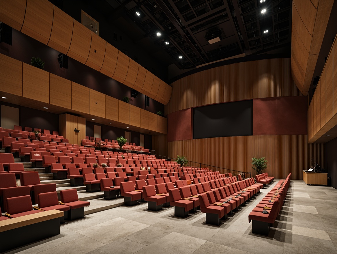 Prompt: Sophisticated auditorium interior, curved wooden paneling, sound-absorbing acoustic panels, premium fabric upholstery, tiered seating arrangement, professional audio equipment, suspended microphone systems, rear projection screens, ambient LED lighting, polished concrete floors, minimalist design aesthetic, optimal reverberation time, precise sound reflection control, clear vocal clarity, immersive audio experience, 3/4 composition, shallow depth of field, realistic textures, ambient occlusion.