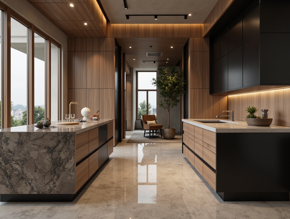 Prompt: Luxurious interior, neutral color palette, rich wood tones, polished marble countertops, matte black metal accents, soft-close cabinetry, subtle texture contrasts, natural stone flooring, warm ambient lighting, 3/4 composition, realistic reflections, atmospheric misting.