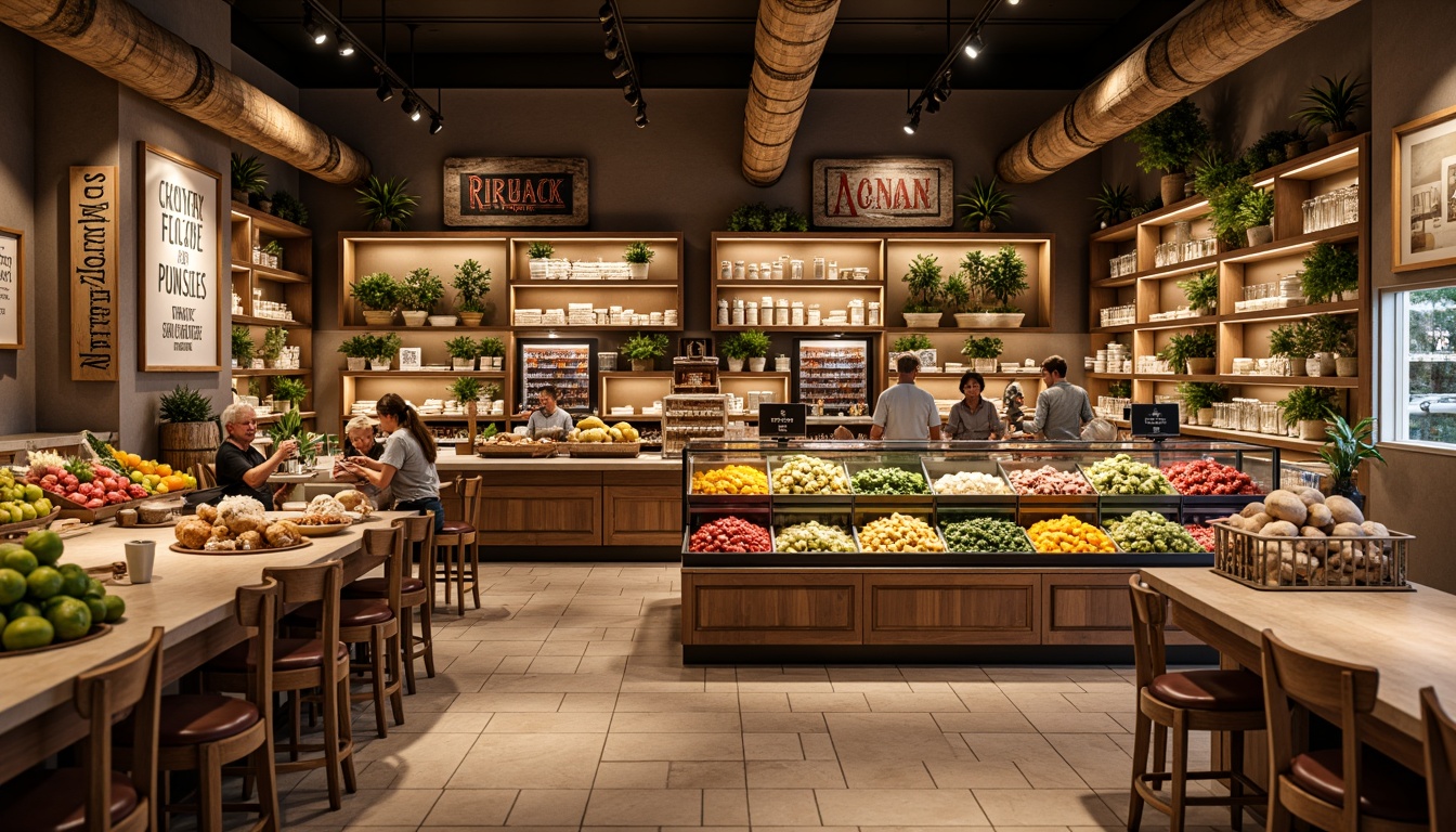 Prompt: Warm earthy tones, rustic wooden accents, vintage metal signs, classic typography, nostalgic brand logos, natural stone flooring, warm beige walls, rich brown shelving, vibrant produce displays, mouthwatering food imagery, soft warm lighting, shallow depth of field, 2/3 composition, realistic textures, ambient occlusion.