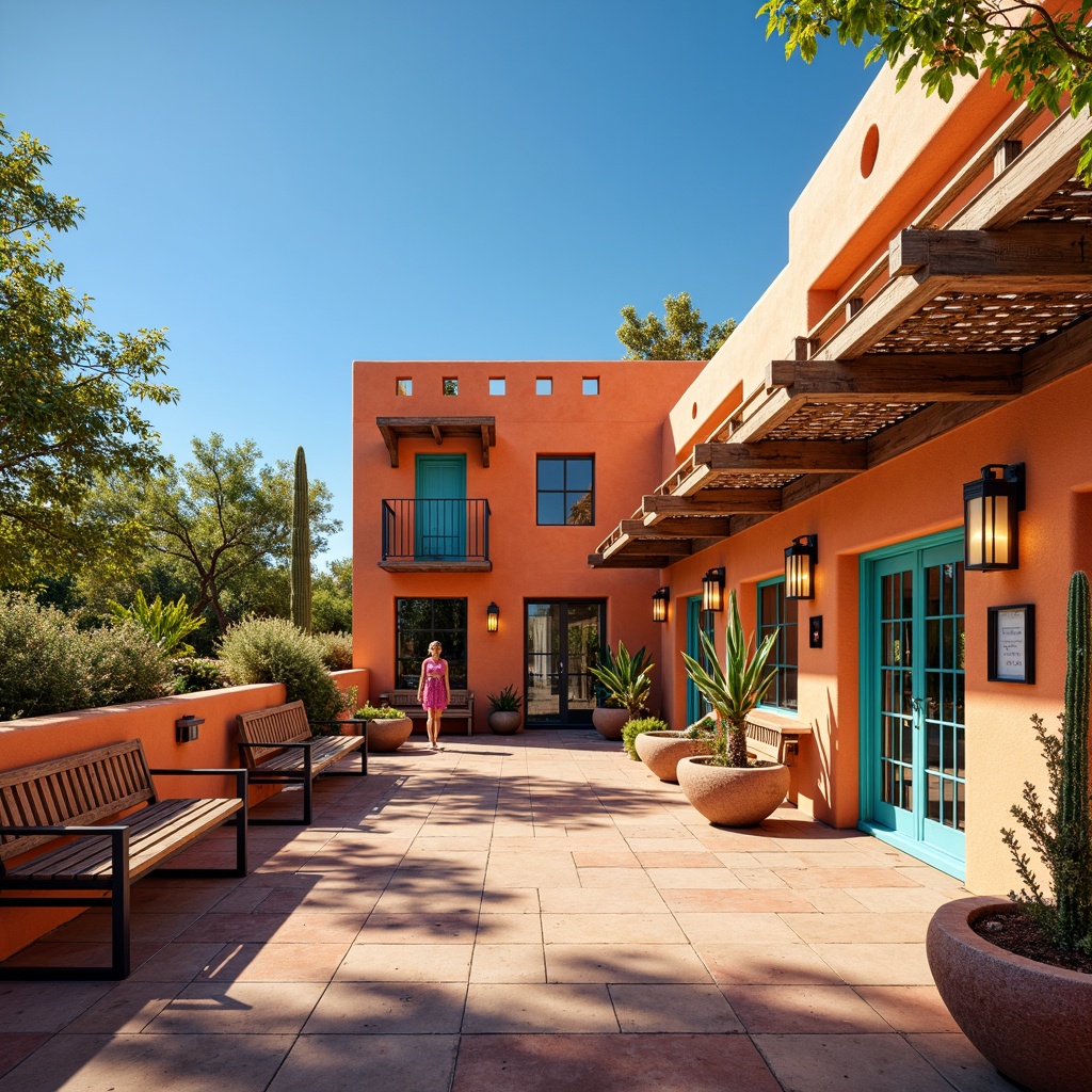 Prompt: Vibrant southwestern bus station, adobe-style architecture, warm terracotta tones, turquoise accents, geometric patterns, desert landscape, cacti plants, clear blue sky, sunny day, unique lighting fixtures, colorful lanterns, metal latticework, rustic wooden benches, Southwestern-inspired textiles, bold ceramic tiles, warm ambient lighting, dramatic spotlights, 1/1 composition, shallow depth of field, realistic textures.