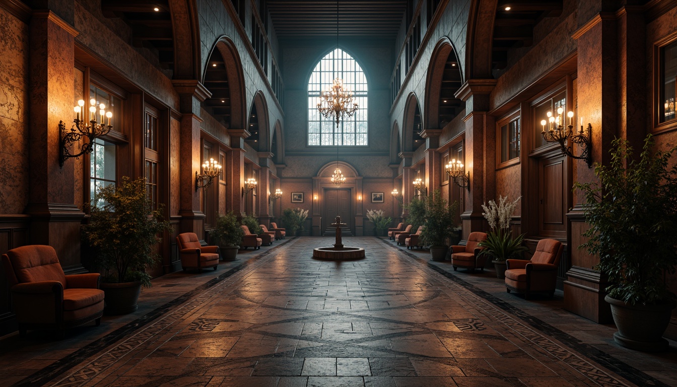 Prompt: Dark hardwood floors, polished stone tiles, richly textured carpets, ornate metallic inlays, gothic-inspired mosaics, distressed wooden planks, grand chandeliers, dramatic archways, vaulted ceilings, stained glass windows, mysterious ambiance, soft warm lighting, atmospheric fog effects, cinematic composition, symmetrical framing, intricate architectural details, luxurious fabrics, opulent furnishings, medieval influences.