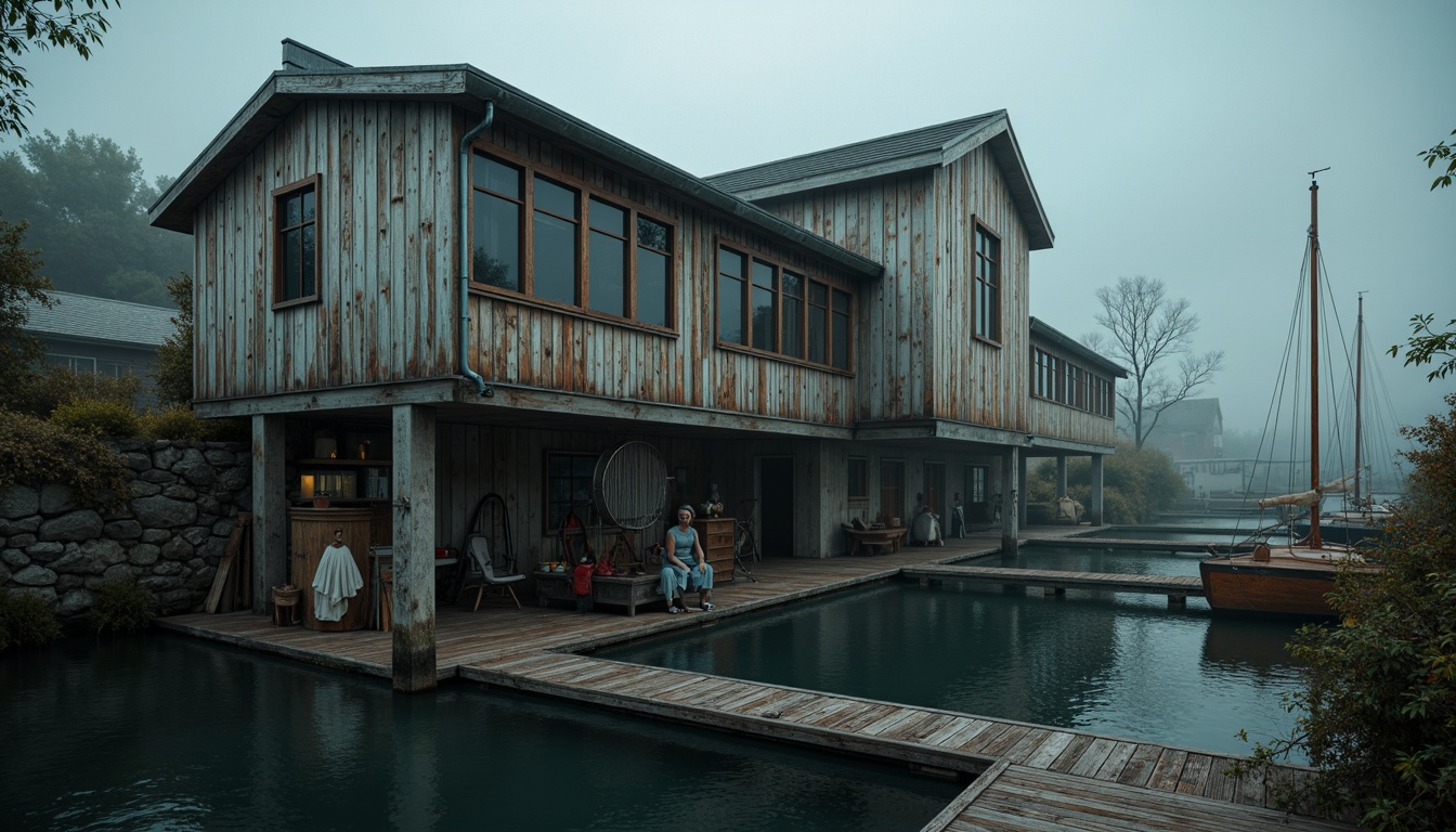 Prompt: Rustic boathouse, weathered wood textures, distressed metal accents, industrial nautical ropes, moody waterfront atmosphere, foggy misty mornings, rugged stone foundations, worn wooden docks, vintage sailing equipment, faded naval colors, muted blues, grays, and whites, earthy tones, rich wood browns, atmospheric lighting, soft warm glow, 1/2 composition, cinematic mood, realistic weathering effects.