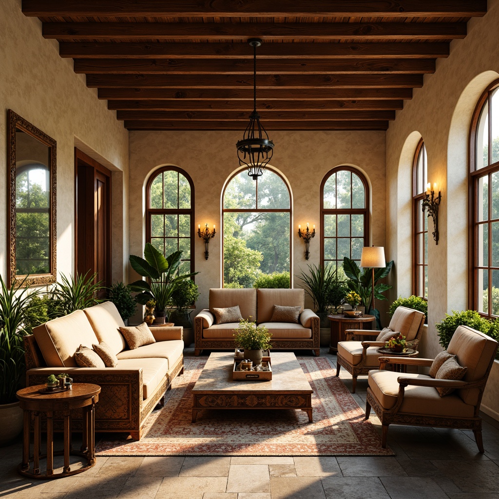 Prompt: Renaissance-style sunroom, warm golden lighting, ornate wooden accents, plush velvet sofas, intricately carved armchairs, rustic stone floors, natural fiber rugs, elegant drapery, lavish greenery, vintage decorative accessories, distressed wood coffee tables, soft beige upholstery, bronze metalwork, ornamental mirrors, subtle floral patterns, ambient candlelight, 1/2 composition, warm color palette, realistic textures, shallow depth of field.