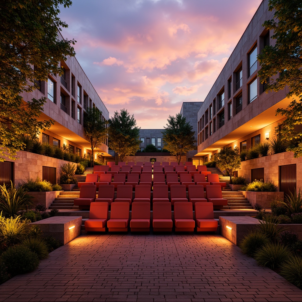 Prompt: Vibrant outdoor amphitheater, sunset-inspired color palette, warm earthy tones, terracotta red seats, natural stone walls, lush greenery surroundings, dramatic spotlights, soft warm glow, 1/1 composition, realistic textures, ambient occlusion.