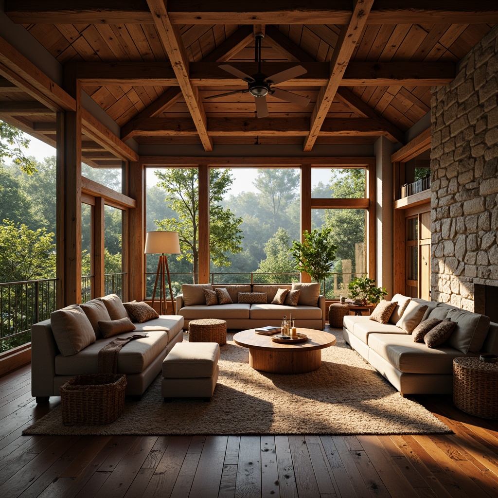 Prompt: Rustic cabin, wooden accents, earthy tones, natural stone walls, reclaimed wood floors, plush area rugs, comfortable sofas, oversized armchairs, soft cushions, woven baskets, vintage decor, warm lighting fixtures, candlelit ambiance, cozy reading nooks, tranquil forest surroundings, misty mornings, warm golden light, shallow depth of field, 1/1 composition, realistic textures, ambient occlusion.