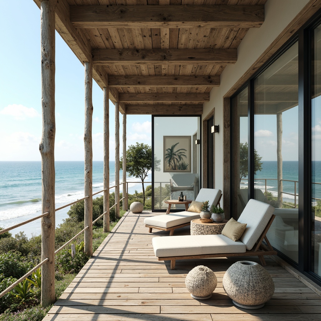 Prompt: Seaside villa, oceanfront views, wave-crashing sounds, salty air, driftwood accents, weathered wooden decks, nautical ropes, glass railings, transparent balcony walls, floor-to-ceiling windows, sliding glass doors, reflective glass surfaces, soft blue-green hues, beachy textures, natural light flooding, airy open spaces, minimalist decor, coastal-themed artwork, shell-adorned vases, ocean-inspired color palette, serene ambiance, warm sunny day, shallow depth of field, 1/1 composition, realistic reflections.