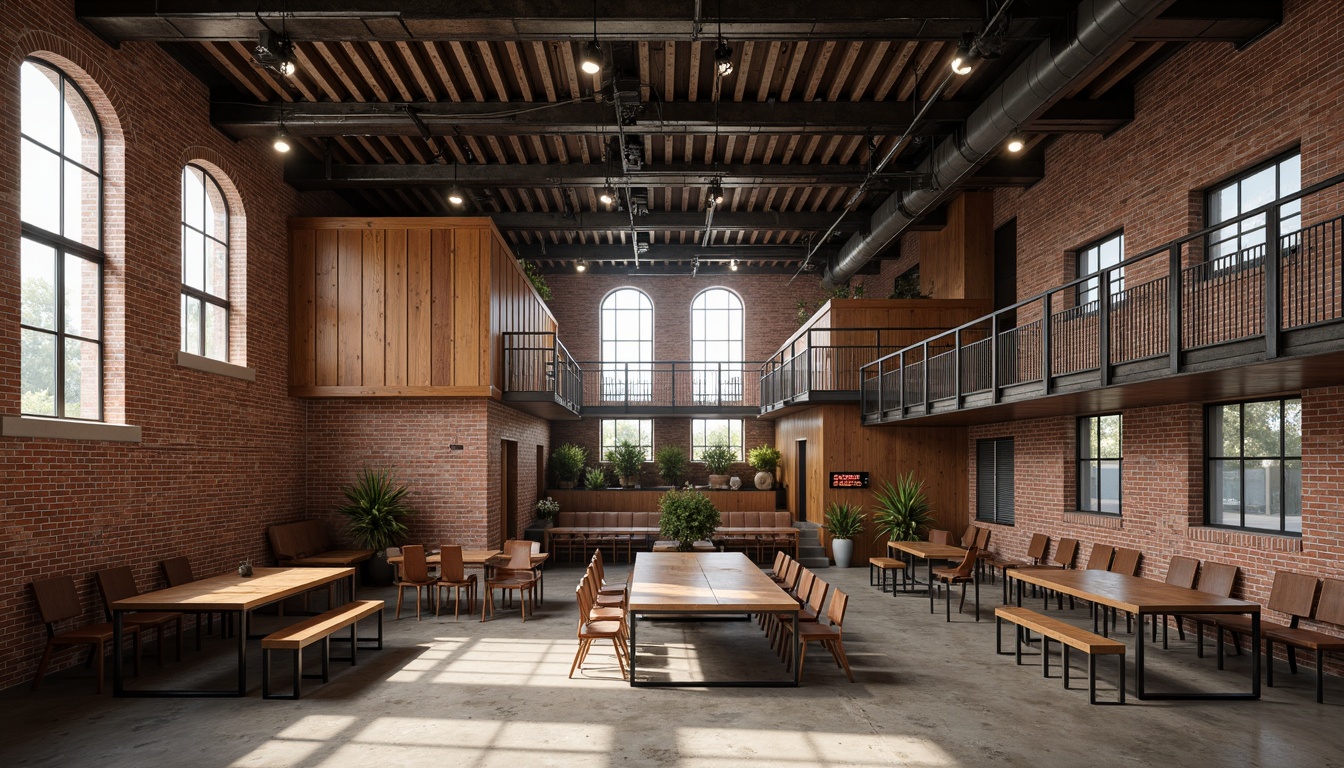 Prompt: Industrial-style amphitheater, exposed brick walls, metallic beams, reclaimed wood accents, innovative seating arrangement, tiered levels, communal tables, mismatched chairs, eclectic decor, vintage industrial lighting, Edison bulbs, concrete floors, urban loft atmosphere, natural ventilation, abundant daylight, shallow depth of field, 1/1 composition, realistic textures, ambient occlusion.