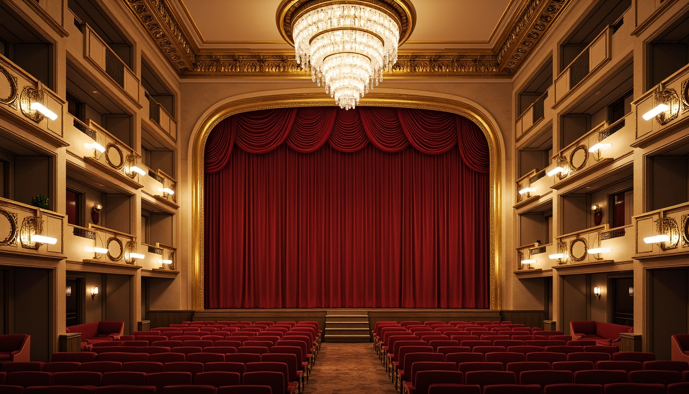 Prompt: Elegant French country-style theater, ornate gold balconies, red velvet curtains, crystal chandeliers, intricate wooden carvings, plush crimson seating, tufted upholstery, gilded accents, soft warm lighting, shallow depth of field, 2/3 composition, symmetrical layout, luxurious fabrics, refined ornaments, subtle texture details, warm beige walls, dark wood flooring, classic European-inspired architecture, grandiose entrance, dramatic staircase, opulent decorations.