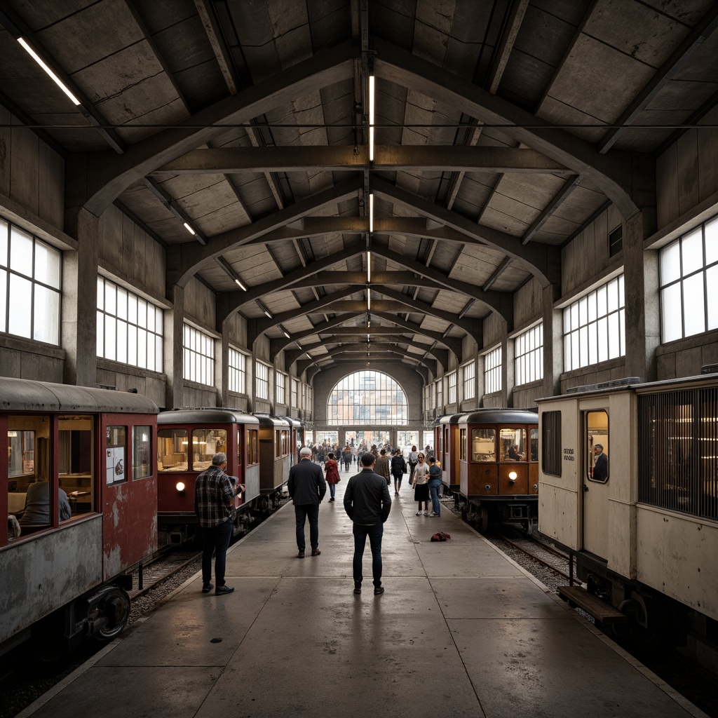 Prompt: Rugged brutalist train station interior, exposed concrete walls, industrial steel beams, minimalist aesthetic, functional acoustic panels, sound-absorbing materials, geometric diffusers, resonant frequency control, warm ambient lighting, urban cityscape views, bustling passenger activity, vintage train carriages, distressed wood accents, metal grilles, urban graffiti art, moody atmospheric shadows, high-contrast dramatic lighting, symmetrical composition, cinematic framing, realistic textures, subtle color grading.