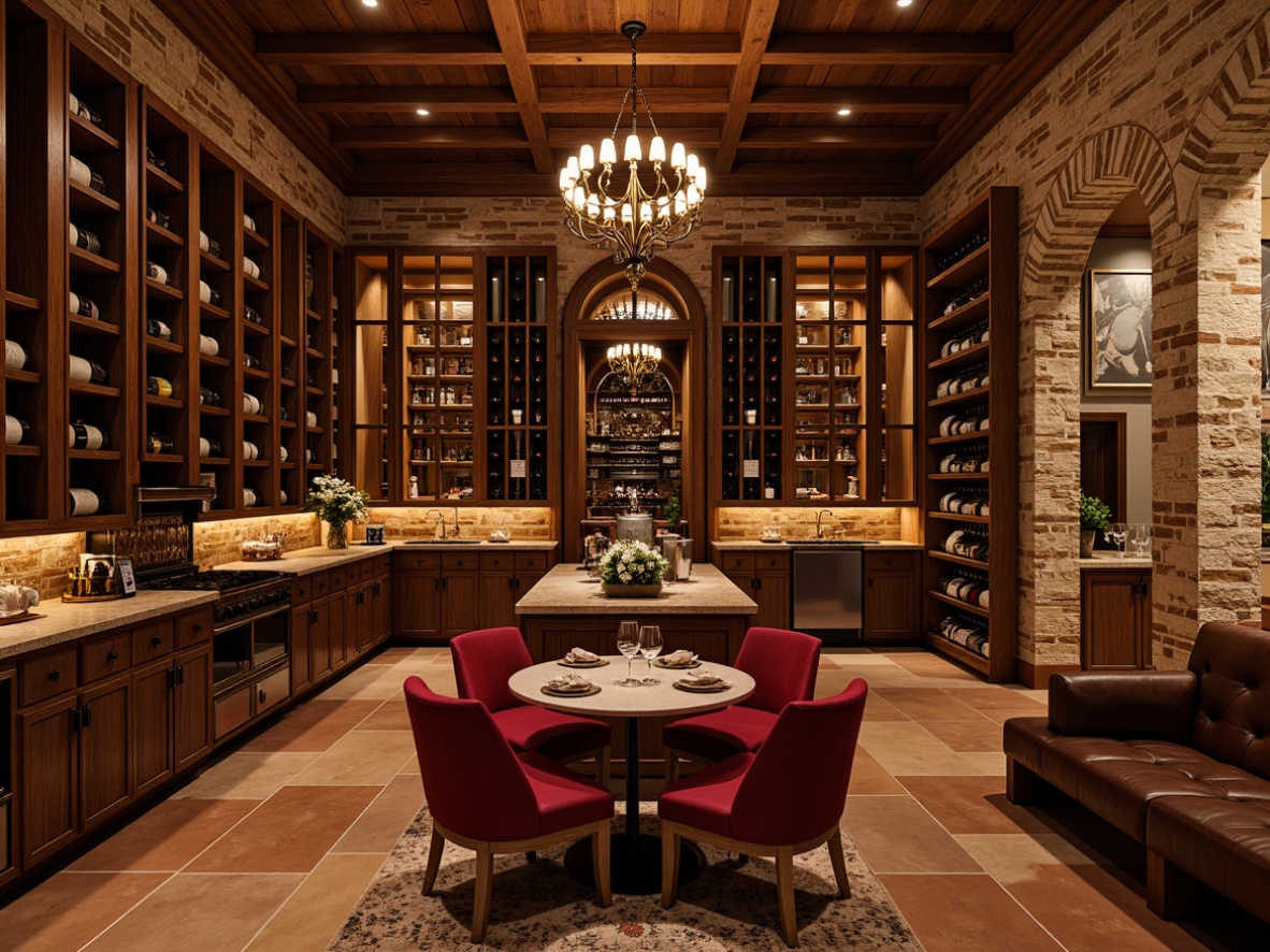 Prompt: Luxurious wine cellar, rich wood tones, dark walnut cabinets, warm golden lighting, earthy terracotta floors, elegant stone walls, sophisticated burgundy accents, refined metalwork, ornate chandeliers, atmospheric dimmable lighting, dramatic archways, rustic brick textures, cozy intimate ambiance, soft velvety furnishings, premium leather upholstery, opulent crystal glassware, exclusive VIP areas, lavish decorative details.