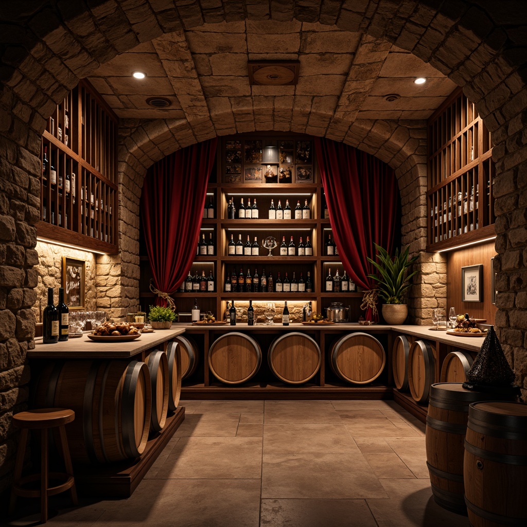 Prompt: Luxurious wine cellar, rich wood tones, dark stone walls, dim warm lighting, intimate atmosphere, rustic wooden barrels, elegant glassware, subtle earthy aromas, refined velvet drapes, ornate metalwork, sophisticated color scheme, deep reds, rich burgundies, earthy browns, soft gold accents, dramatic shadows, low-key ambient illumination, 1/2 composition, cozy warm textures.