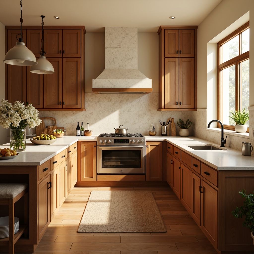 Prompt: Warm kitchen ambiance, earthy tone cabinets, creamy white countertops, rich wood flooring, soft golden lighting, warm beige walls, stainless steel appliances, matte black hardware, natural stone backsplash, fresh greenery, blooming flowers, sunny morning light, shallow depth of field, 1/2 composition, realistic textures, ambient occlusion.