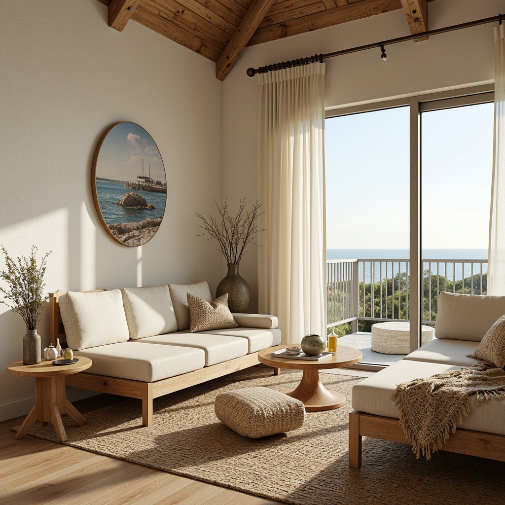 Prompt: Coastal cottage, soft creamy walls, weathered wood accents, natural fiber rugs, woven sea grass furniture, ocean-inspired artwork, calming color palette, sheer white curtains, floor-to-ceiling windows, sliding glass doors, sunny day, warm gentle light, shallow depth of field, 1/1 composition, realistic textures, ambient occlusion.