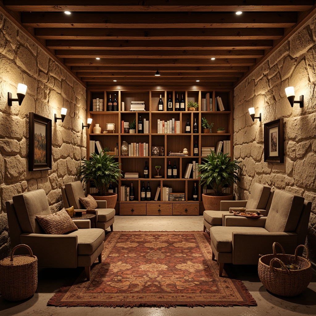 Prompt: Rustic basement, stone walls, wooden beams, soft warm lighting, plush area rugs, velvet upholstered furniture, distressed leather armchairs, woven baskets, natural fiber textiles, linen fabrics, cotton lace, rustic metal accents, earthy color palette, cozy reading nooks, wine cellar, wooden wine racks, candlelit ambiance, shallow depth of field, 1/1 composition, soft focus, warm color grading.