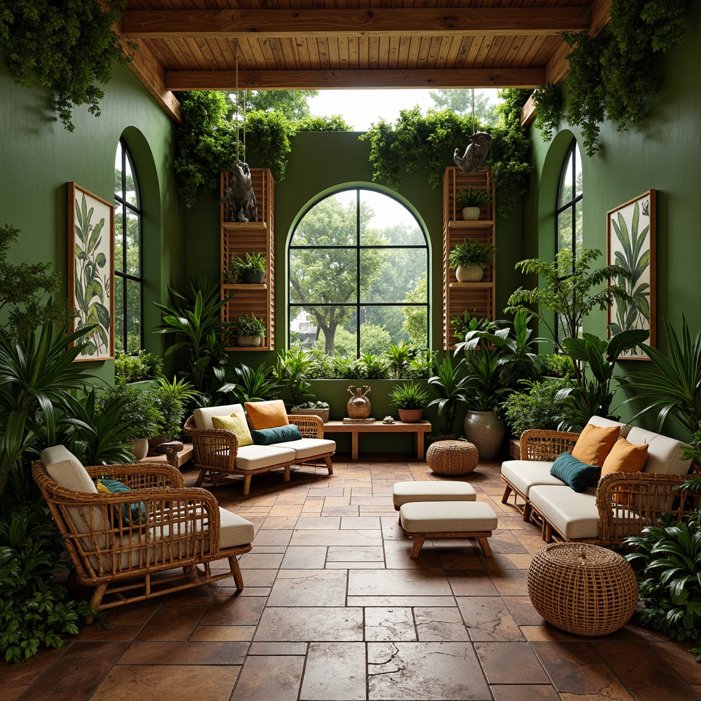 Prompt: Exotic tropical zoo interior, lush green walls, natural stone floors, reclaimed wood accents, vibrant botanical prints, woven rattan furniture, earthy tone color palette, organic textures, curved lines, playful animal sculptures, suspended planters, tropical leaf patterns, warm ambient lighting, shallow depth of field, 1/1 composition, realistic renderings, ambient occlusion.