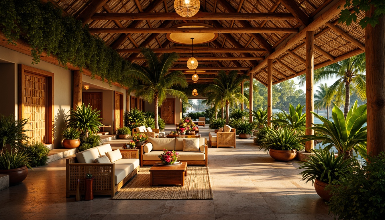 Prompt: Vibrant tropical hall, warm golden lighting, natural wood accents, woven rattan furniture, lush greenery, exotic plants, colorful floral arrangements, soft diffused light, pendant lanterns, wicker shades, rustic wooden beams, earthy tone walls, decorative tribal patterns, ambient warm glow, cozy intimate atmosphere, relaxed casual vibe, beach-inspired decor.