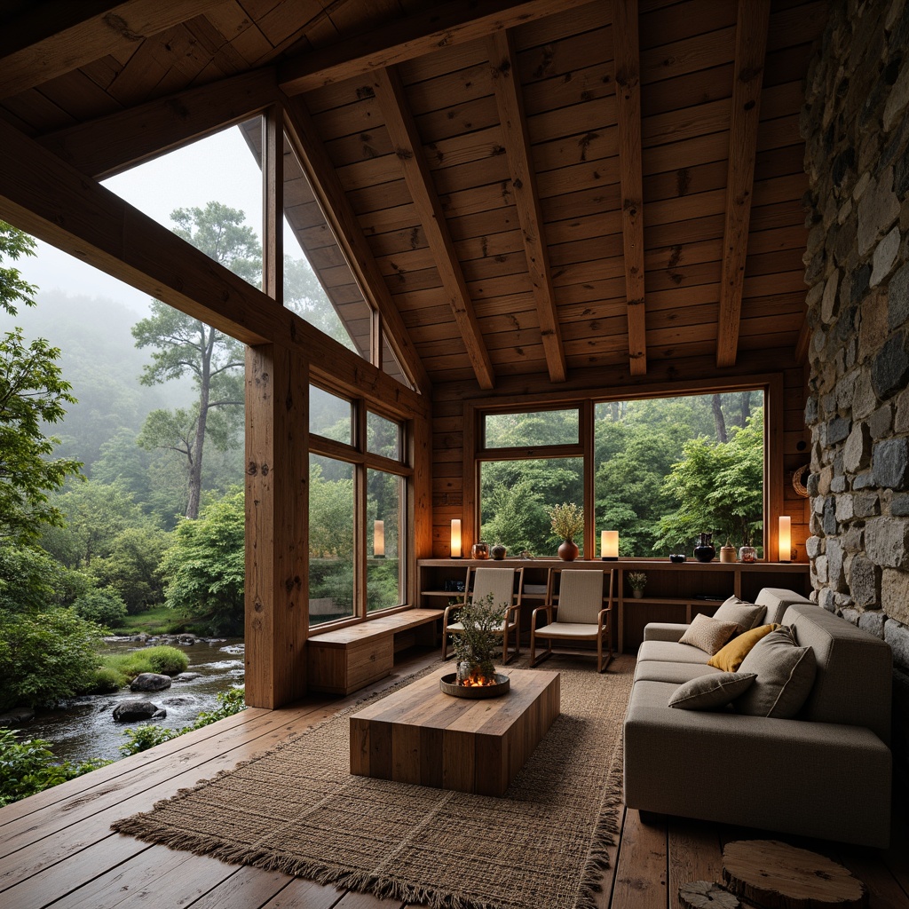 Prompt: Cozy cabin, wooden accents, earthy tones, natural stone walls, reclaimed wood floors, vintage furniture, woven textiles, organic patterns, warm candlelight, soft shadows, intimate atmosphere, misty forest surroundings, overgrown vegetation, rugged terrain, meandering streams, tranquil ambiance, shallow depth of field, 1/1 composition, realistic textures, ambient occlusion.