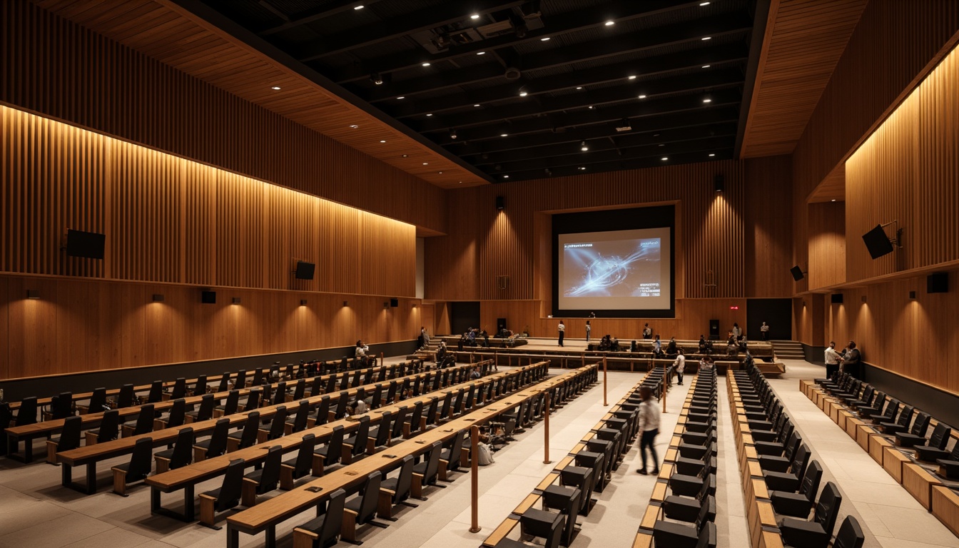 Prompt: Sophisticated auditorium interior, wooden acoustic panels, sound-absorbing materials, minimal echo, optimal reverberation time, sleek modern design, tiered seating arrangement, professional lighting system, high-quality sound equipment, crystal-clear audio clarity, detailed textures, realistic reflections, shallow depth of field, 1/2 composition, warm ambient lighting.