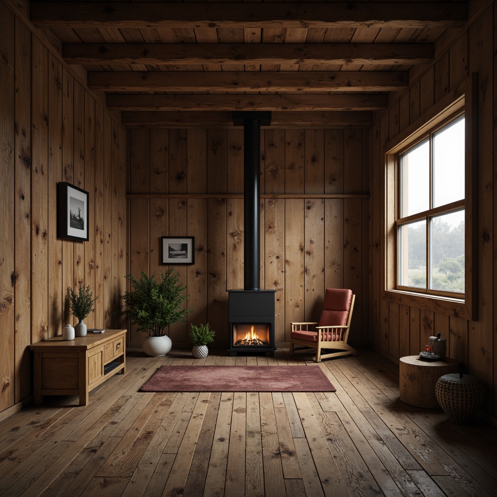 Prompt: Rustic wooden cabin, earthy tones, natural textures, weathered wood planks, metal accents, industrial-style lighting, minimalist decor, cozy atmosphere, warm ambient lighting, shallow depth of field, 1/1 composition, realistic renderings, subtle color palette, atmospheric fog effect.