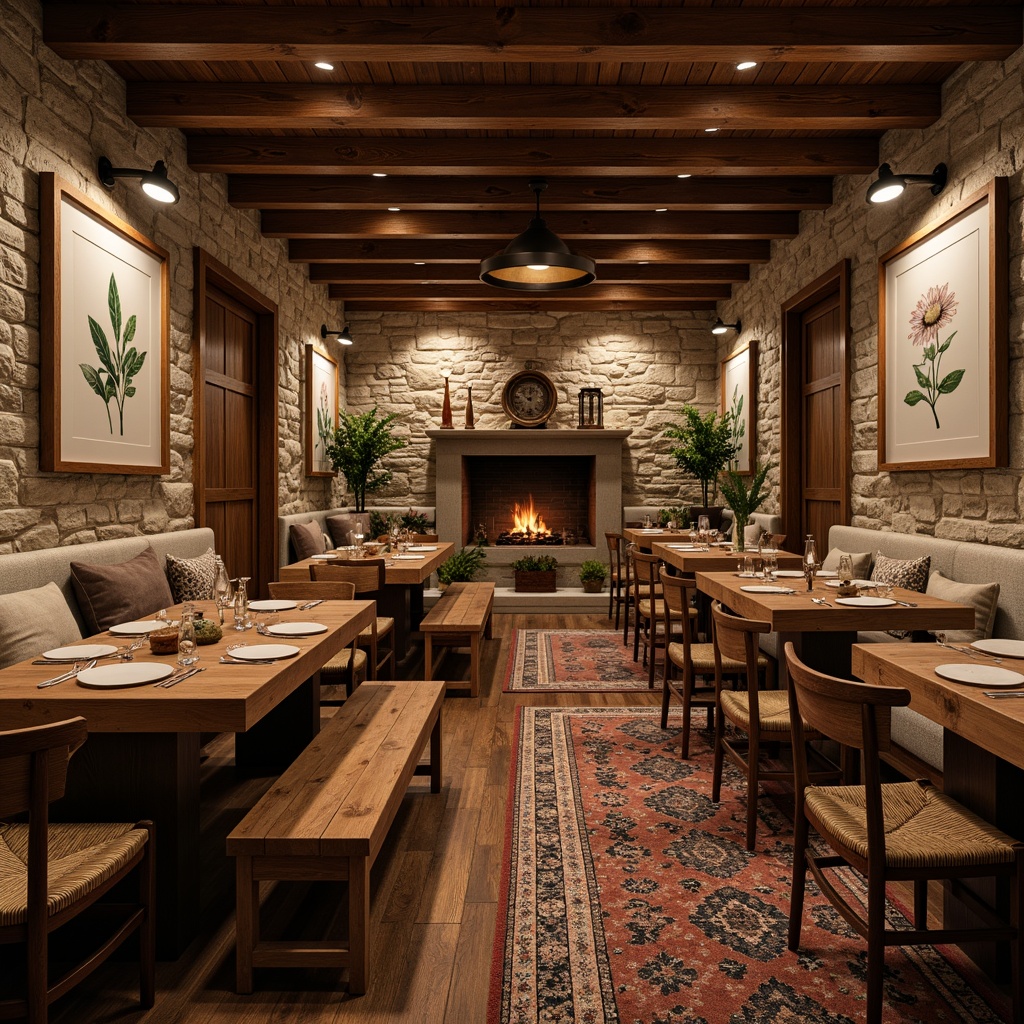 Prompt: Cozy rustic dining room, wooden furniture, distressed finishes, earthy tones, natural textures, stone walls, vintage decor, candlelight ambiance, warm fireplace, plush area rugs, wooden tables, comfortable benches, woven chairs, metal accents, lantern-style lighting, nature-inspired artwork, botanical prints, earthy color palette, soft warm glow, shallow depth of field, 1/2 composition, intimate atmosphere.