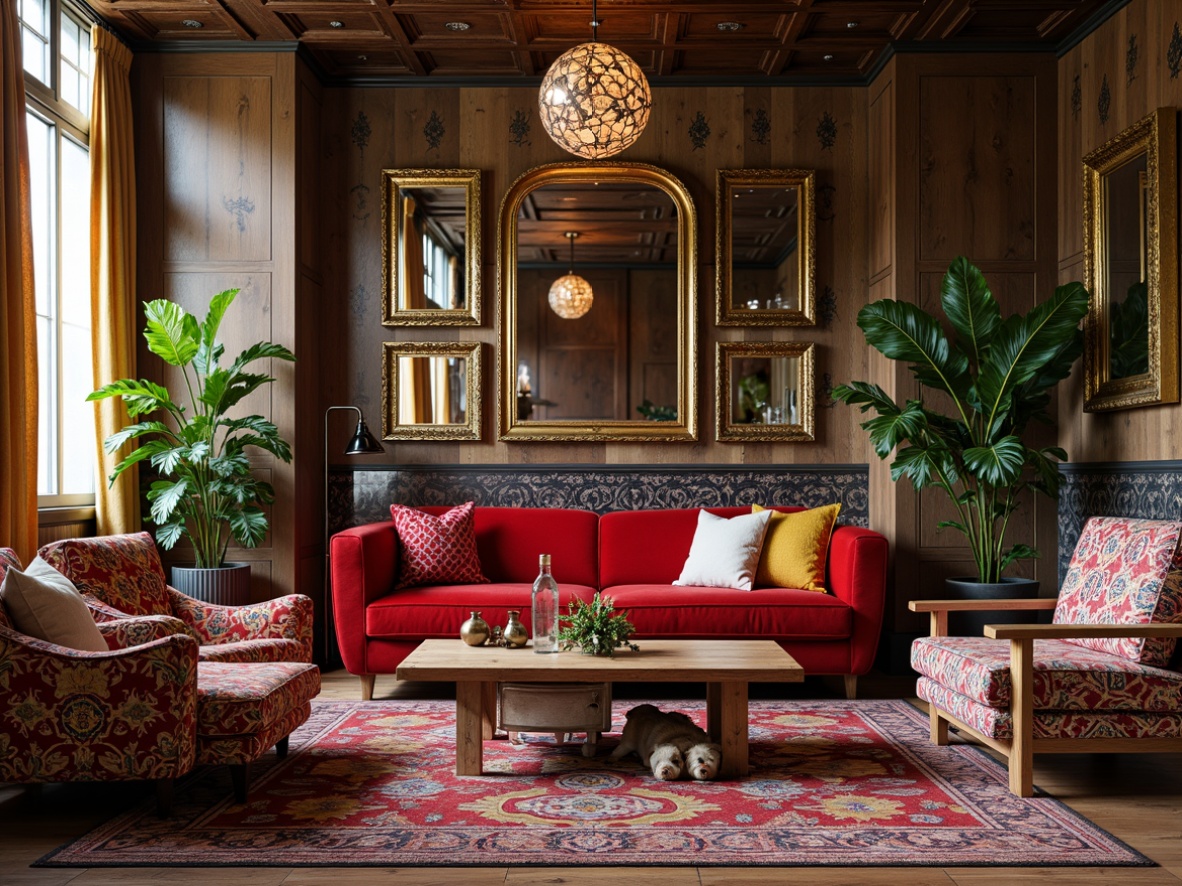 Prompt: Vibrant eclectic interior, mix-and-match furniture, distressed wooden accents, rich velvet upholstery, bold geometric patterns, metallic gold details, Moroccan-inspired tiles, lush greenery, vintage decorative accessories, ornate mirrors, soft warm lighting, atmospheric shadows, 1/1 composition, intimate camera angle, realistic textures, subtle ambient occlusion.