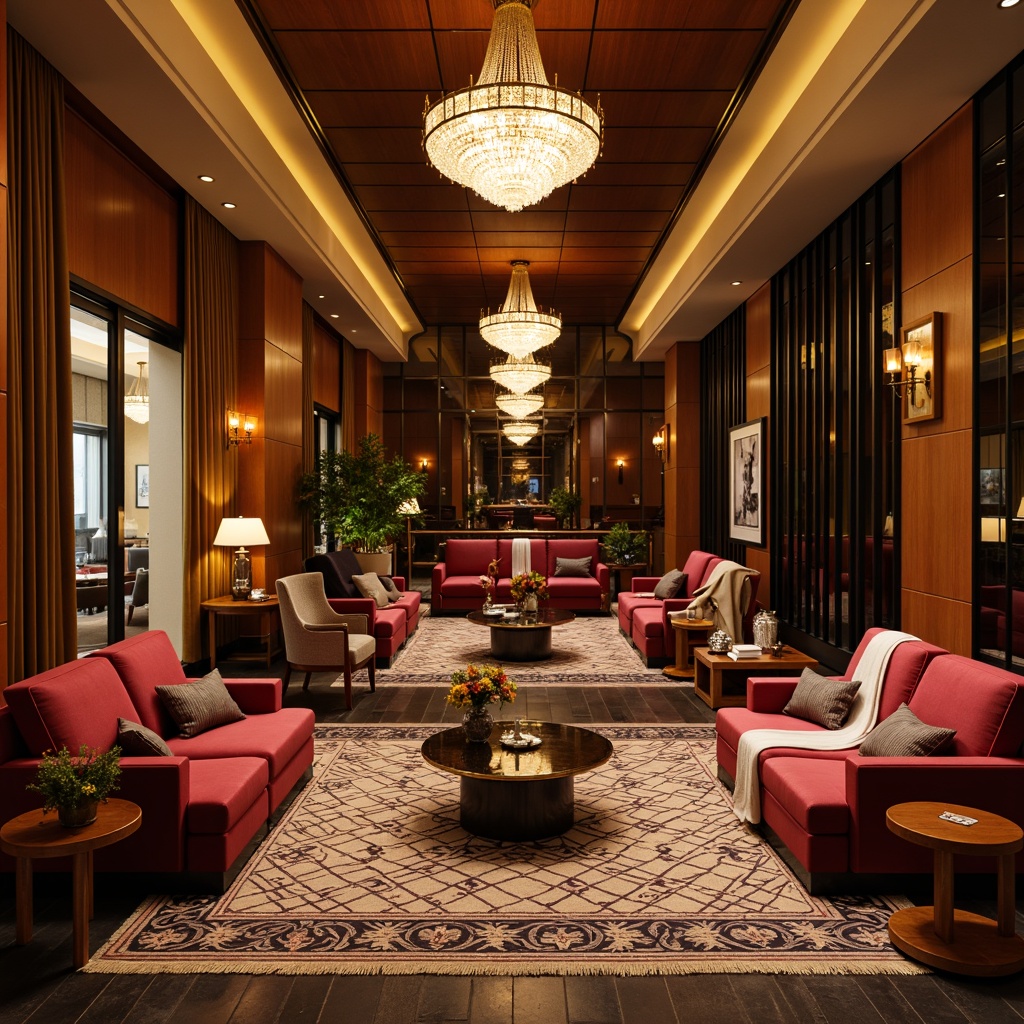 Prompt: Luxurious art deco interior, rich velvet sofas, ornate wooden armchairs, geometric patterned rugs, metallic accents, glamorous chandeliers, sleek coffee tables, curved lines, opulent fabrics, bold color schemes, sophisticated ambiance, warm golden lighting, shallow depth of field, 1/1 composition, realistic textures, ambient occlusion.