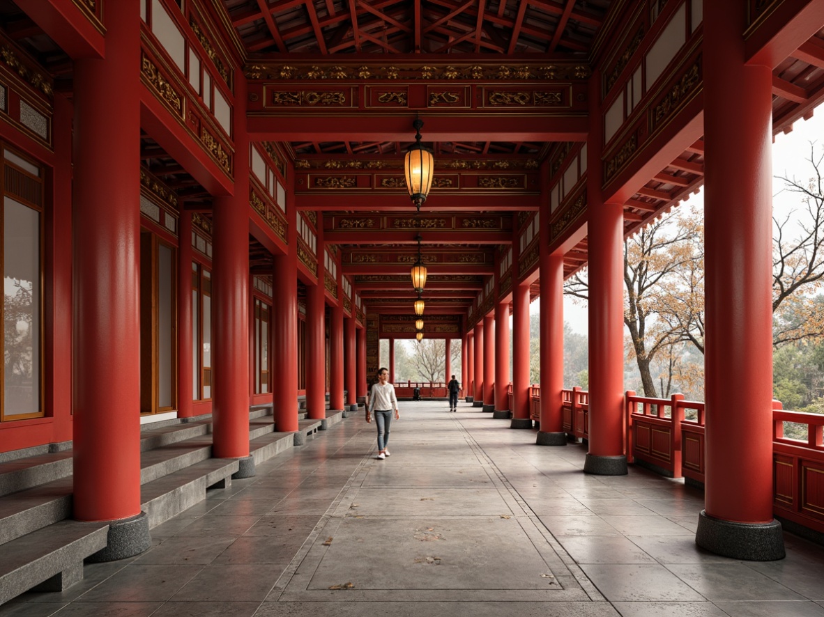 Prompt: Traditional Asian-inspired architecture, ornate details, intricate carvings, wooden accents, paper lanterns, cultural patterns, vibrant red hues, golden metallic tones, polished stone floors, natural wood textures, subtle lighting effects, soft warm ambiance, shallow depth of field, 3/4 composition, panoramic view, realistic reflections, ambient occlusion.