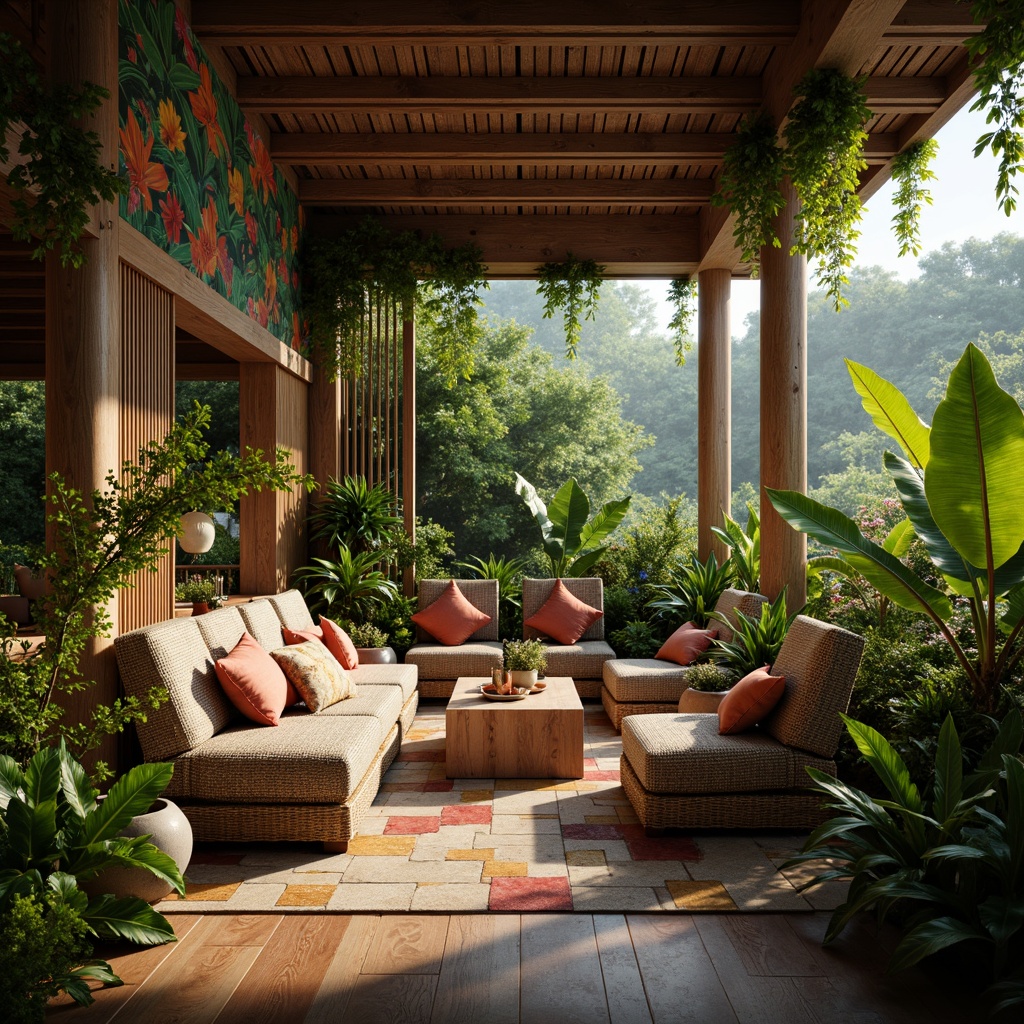 Prompt: Vibrant tropical foliage, exotic flower patterns, rough tree bark textures, weathered wooden planks, rustic stone walls, colorful tile mosaics, intricate leaf carvings, natural fiber thatching, woven rattan furniture, distressed metal accents, soft moss coverings, misty atmospheric effects, warm golden lighting, shallow depth of field, 1/1 composition, realistic renderings, ambient occlusion.